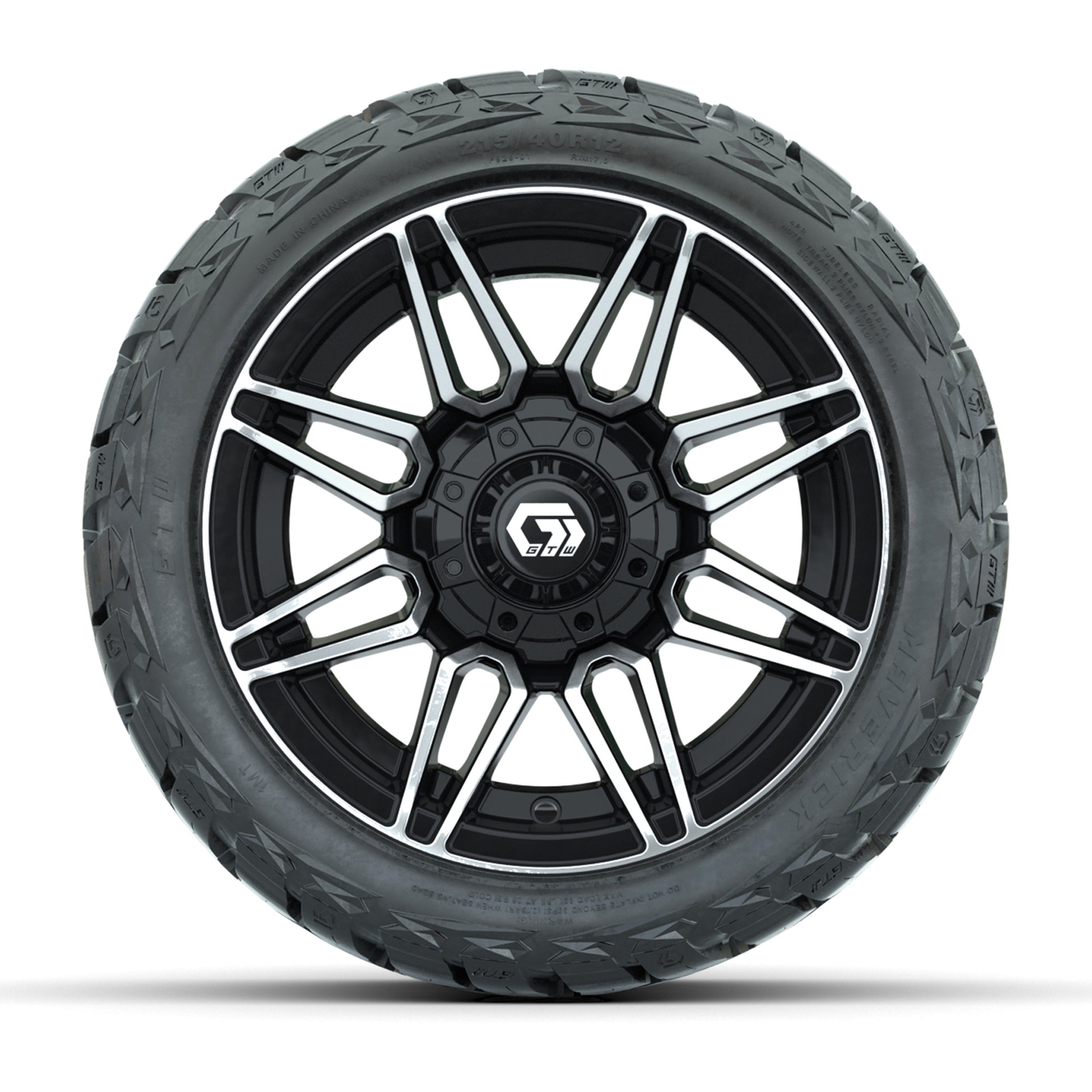 GTW Stealth Gloss Black/Machined 12 in Wheels with 215/40-R12 Maverick Low-Profile All-Terrain Tires – Full Set