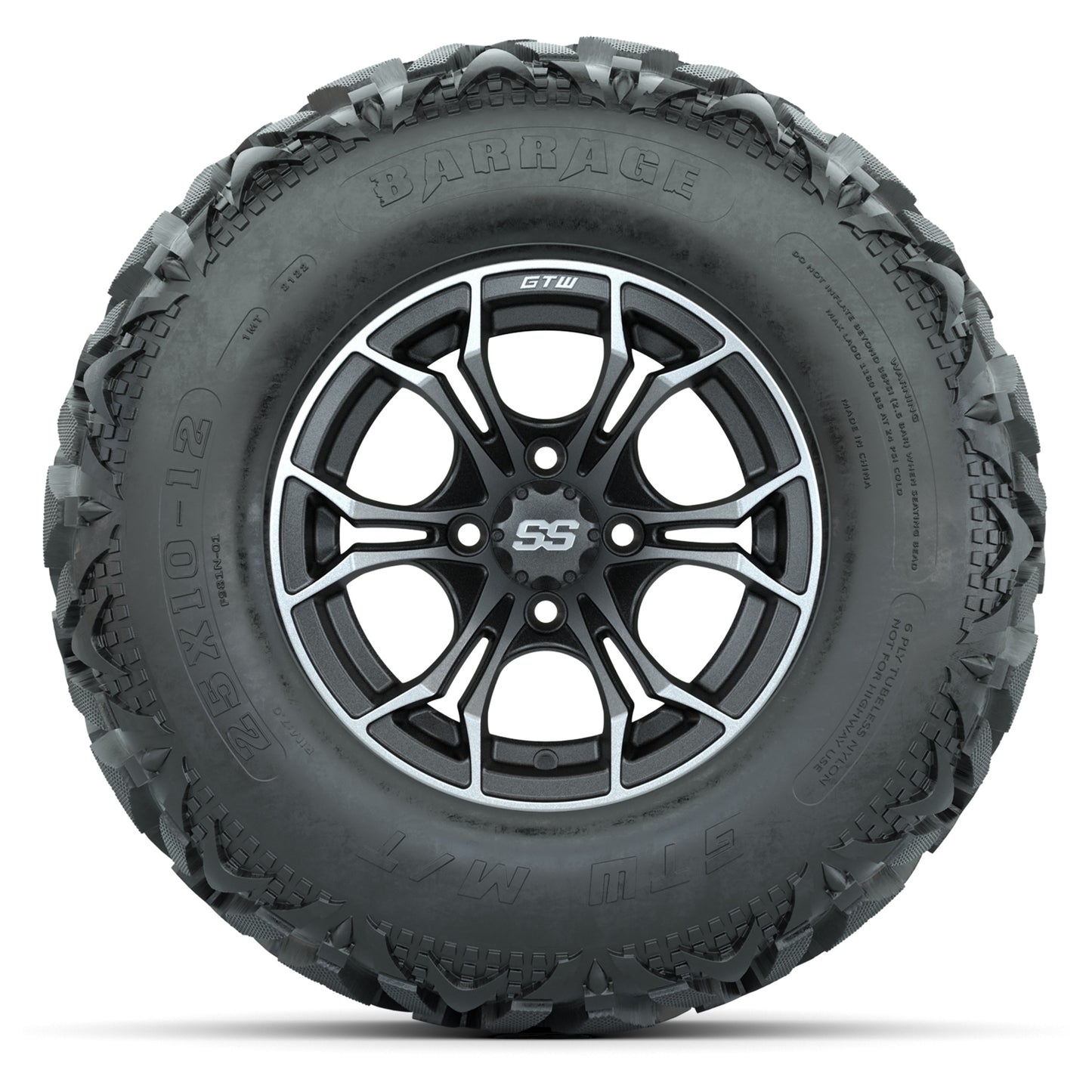 GTW® Spyder Matte Gray/Machined 12 in Wheels with 25X10-12 Barrage Mud Tires – Full Set