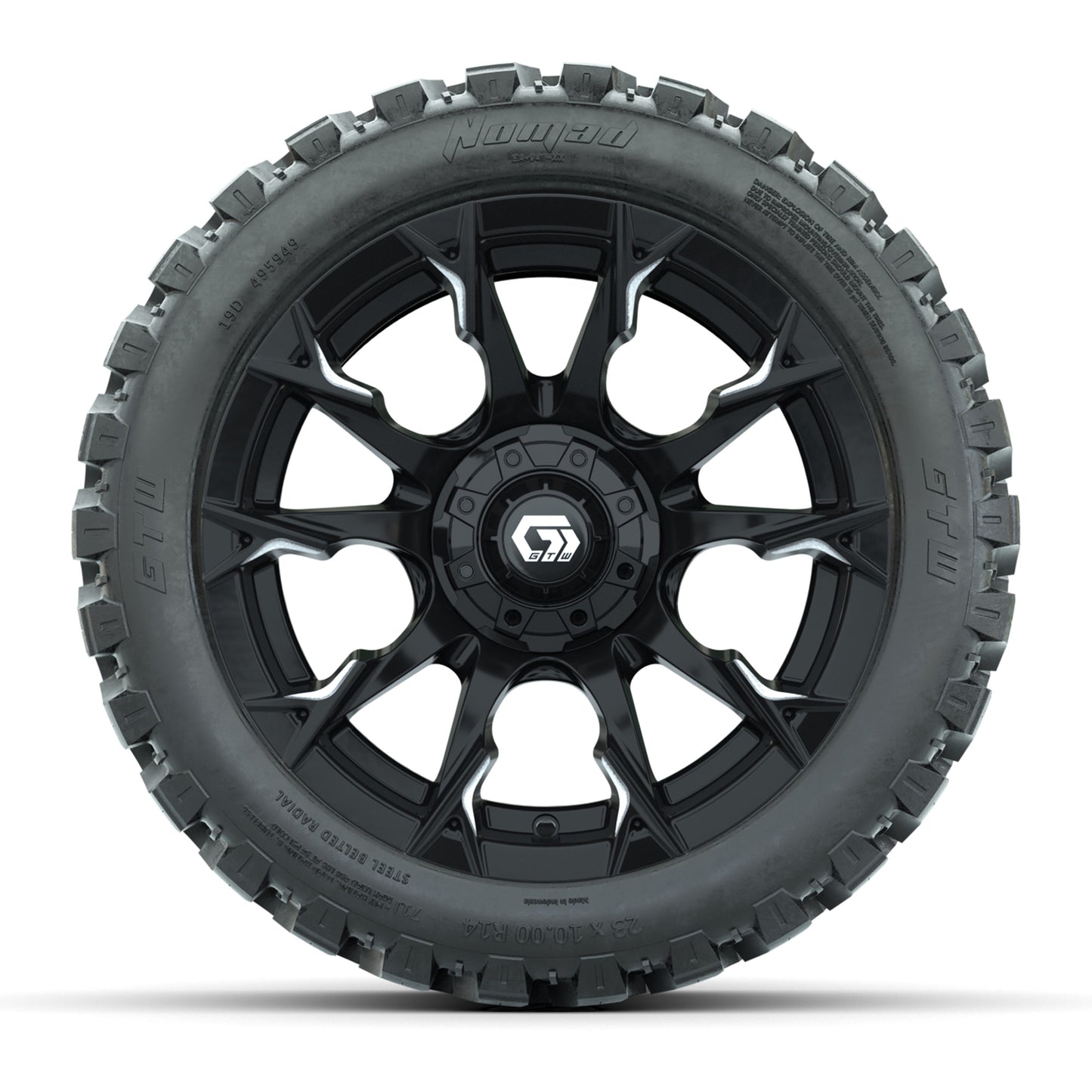 GTW® Diablo Gloss Black/Machined 14 in Wheels with 23X10-R14 Nomad Steel Belt Radial All-Terrain Tires – Full Set