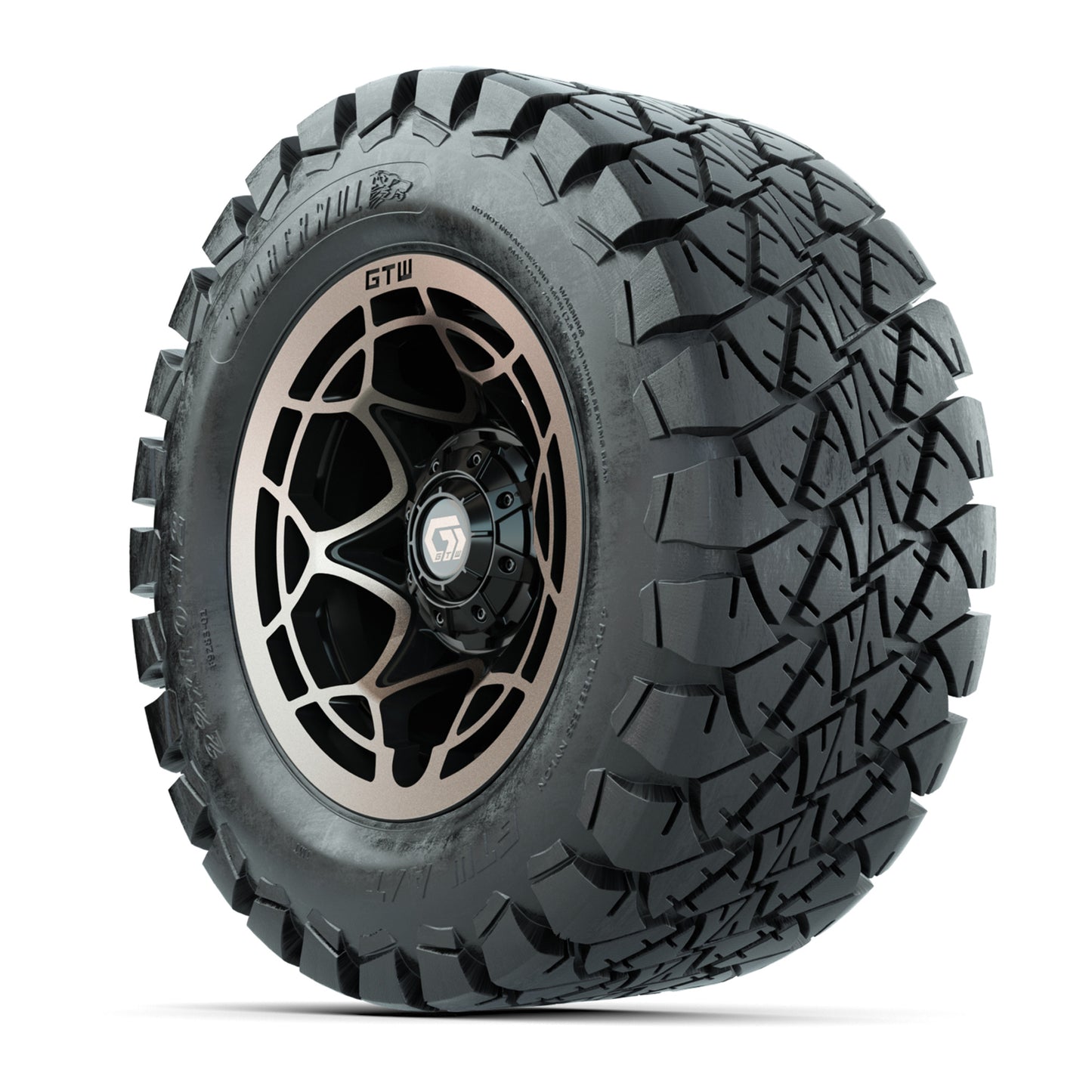 GTW® Nexus Gloss Black/Satin Bronze 12 in Wheels with 22x10-12 Timberwolf All-Terrain Tires – Full Set