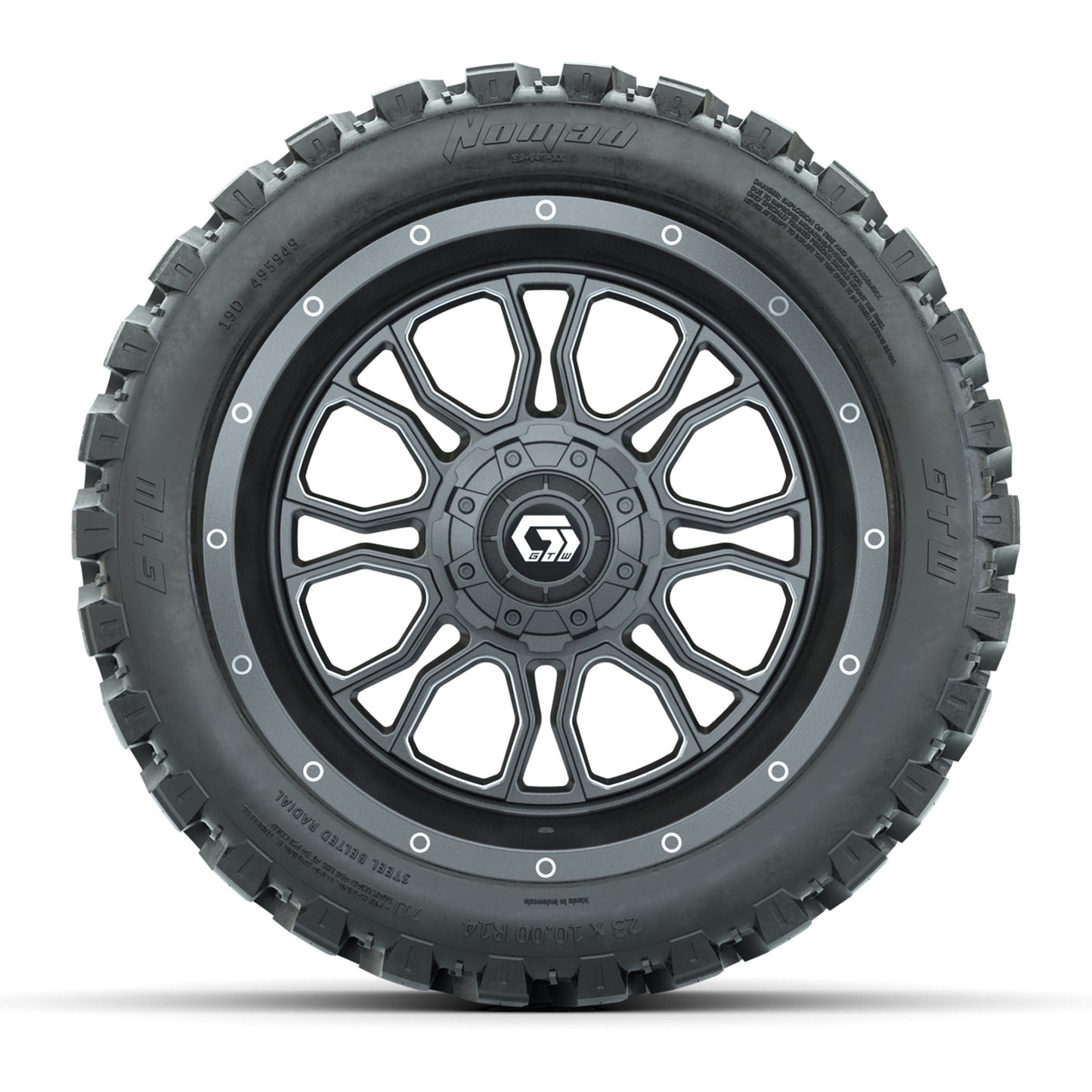 GTW Volt Gunmetal/Machined 14 in Wheels with 23x10-R14 Nomad All Terrain Tires - Full Set