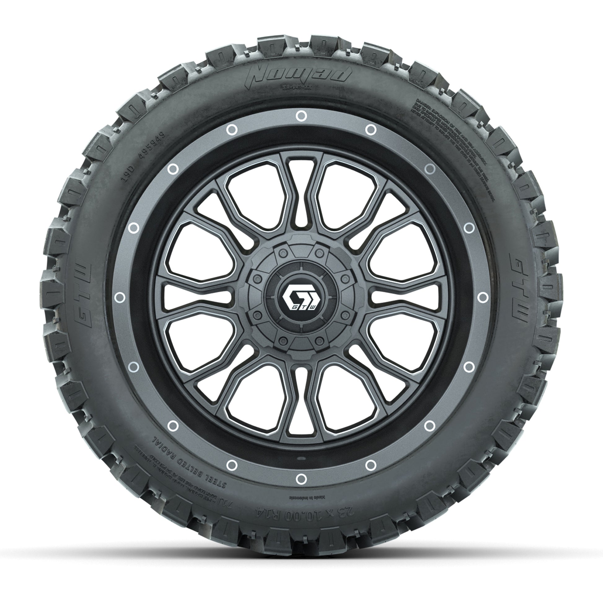 GTW Volt Gunmetal/Machined 14 in Wheels with 23x10-R14 Nomad All Terrain Tires - Full Set