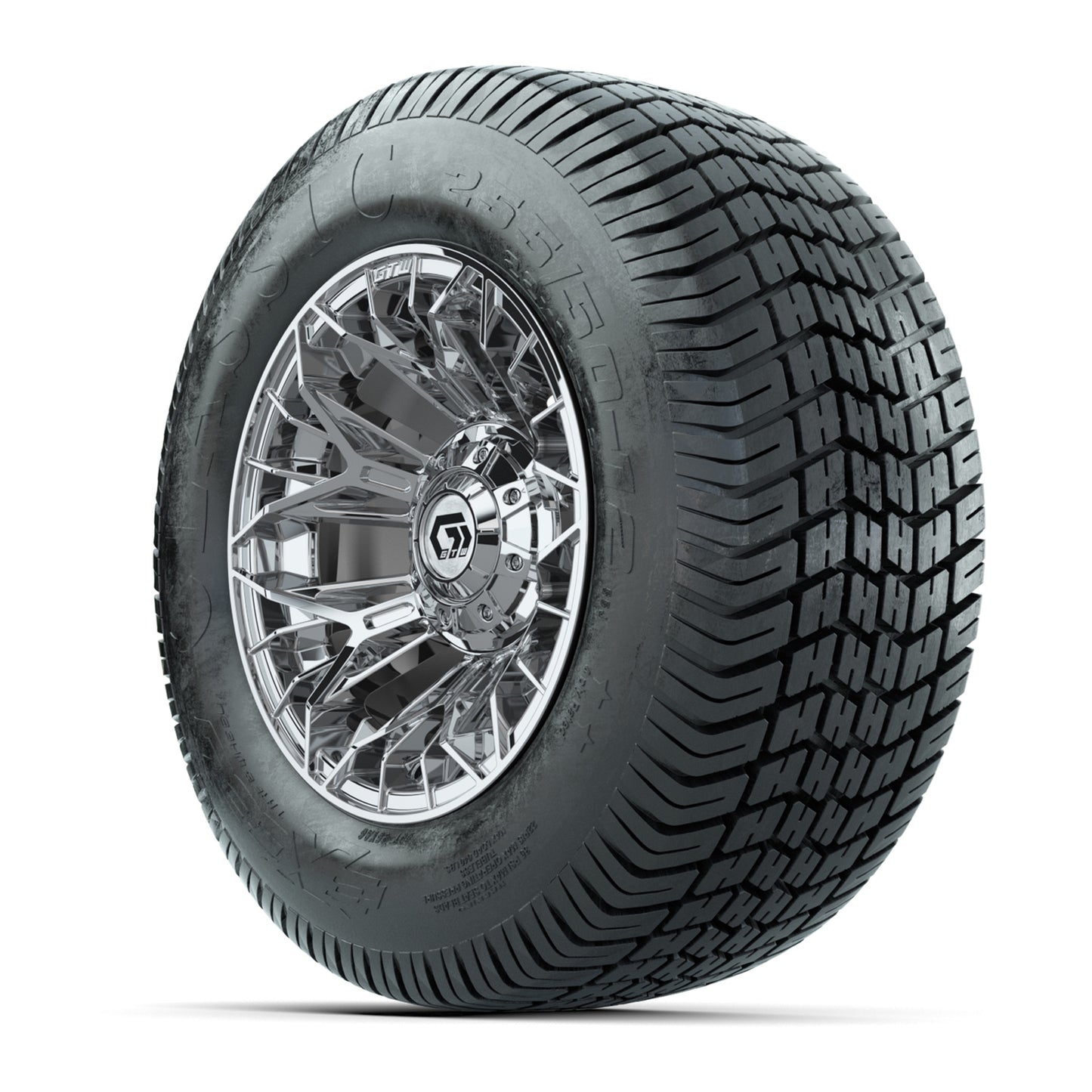 GTW® Stellar Chrome 12 in Wheels with 255/50-12 Excel Classic Street Tires – Full Set
