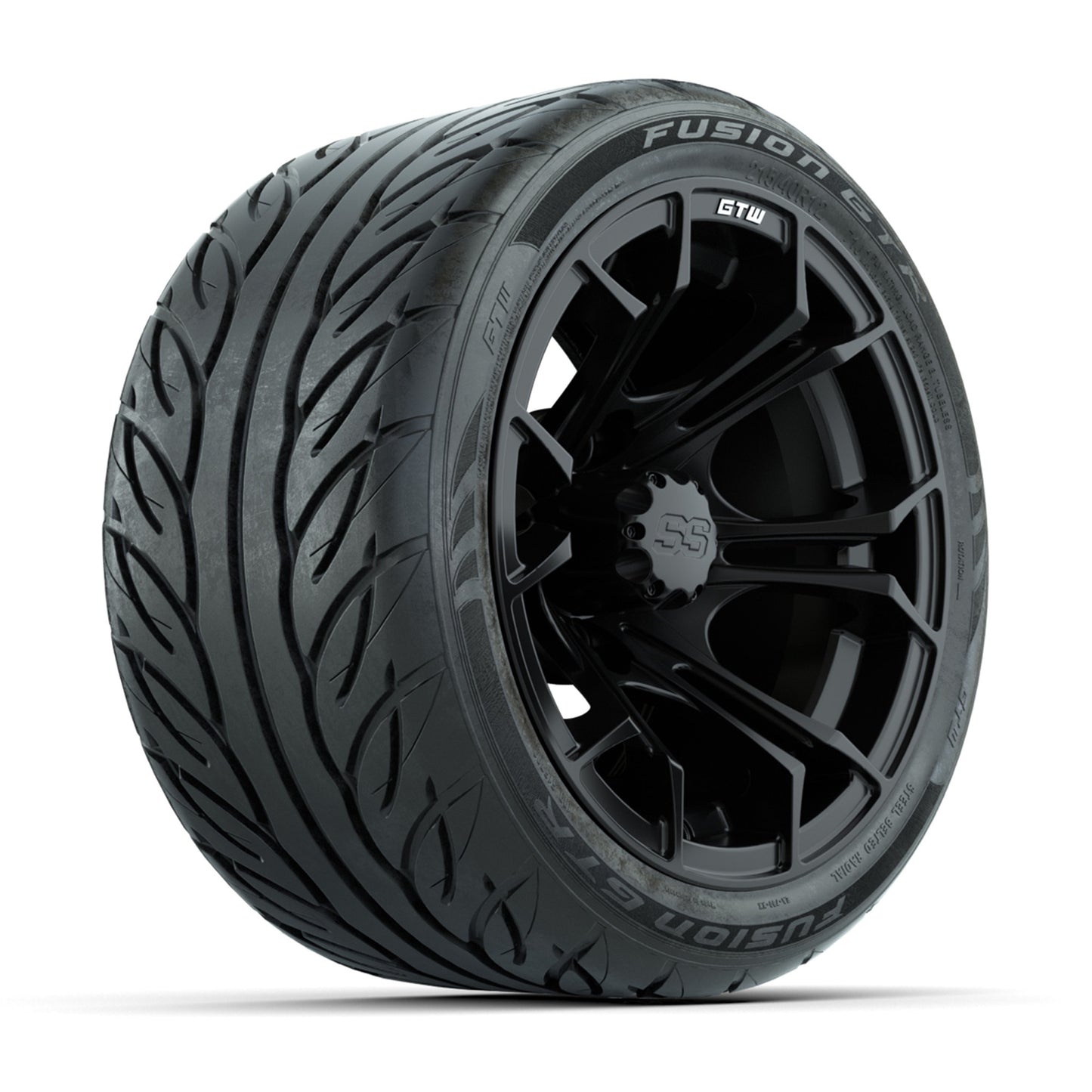 GTW® Spyder Matte Black 12 in Wheels with 215/40-R12 Fusion GTR Steel Belt Radial Street Tires – Full Set