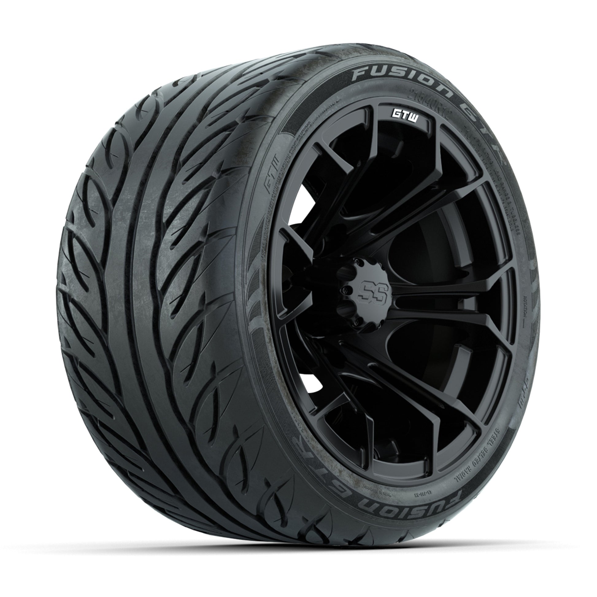 GTW® Spyder Matte Black 12 in Wheels with 215/40-R12 Fusion GTR Steel Belt Radial Street Tires – Full Set