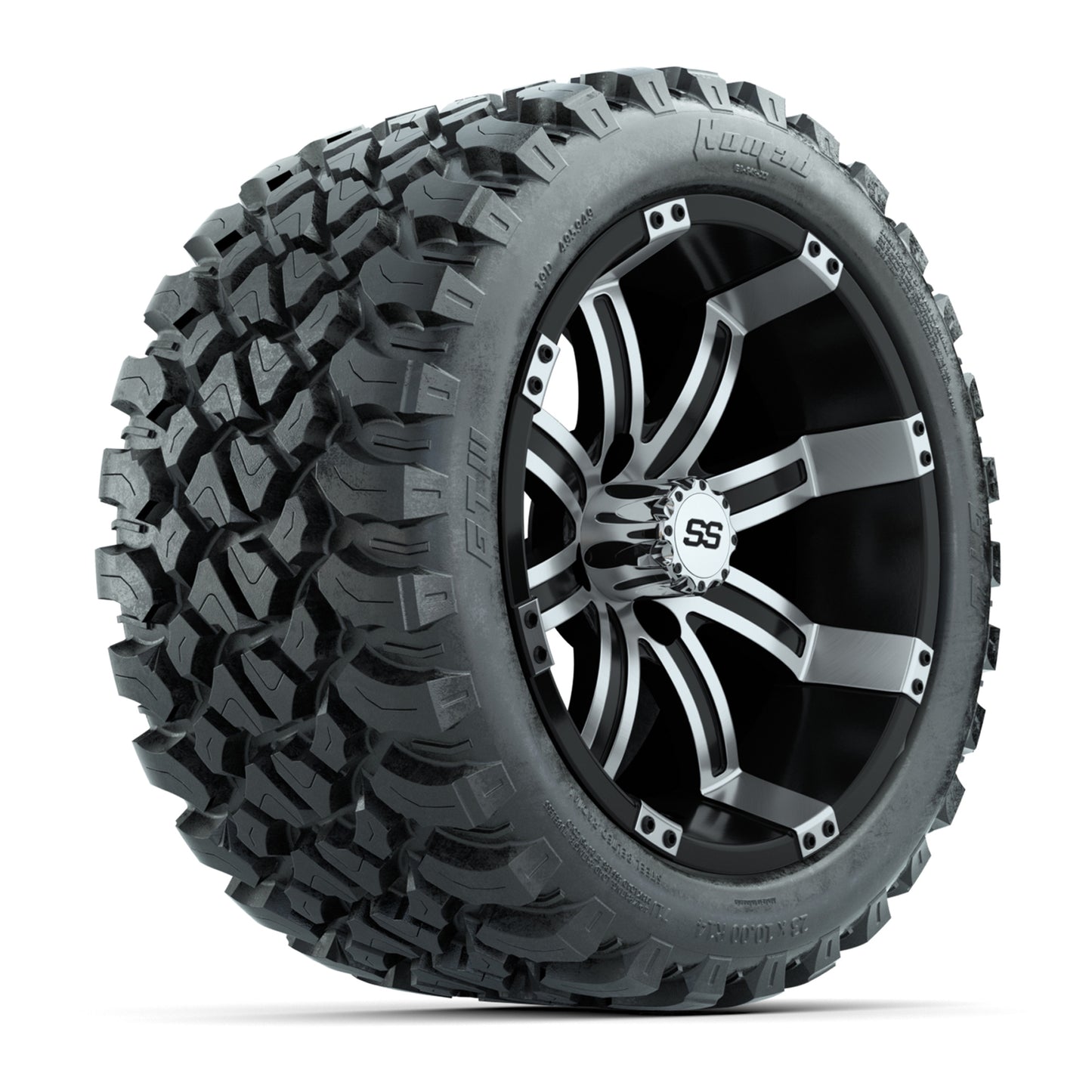 GTW® Tempest Black/Machined 14 in Wheels with 23X10-R14 Nomad Steel Belt Radial All-Terrain Tires – Full Set