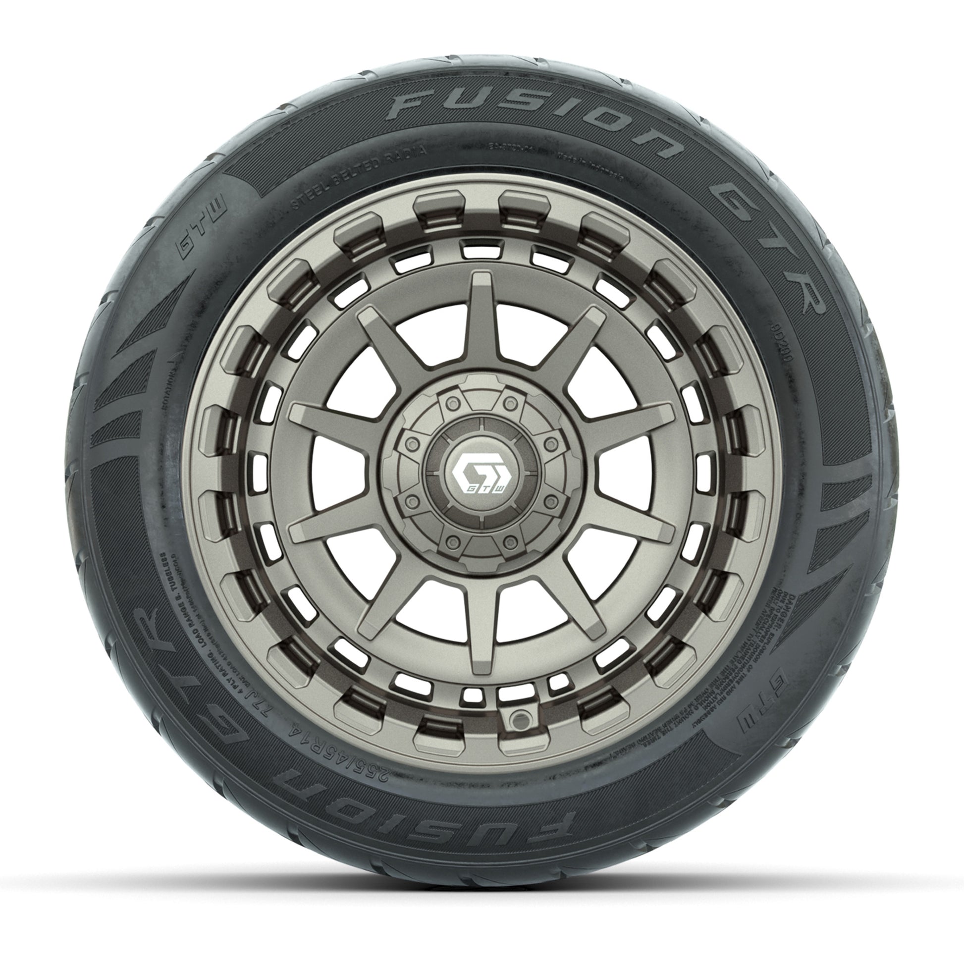 GTW® Barricade Bronze 14 in Wheels with 255/45-R14 Fusion GTR Steel Belt Radial Street Tires – Full Set