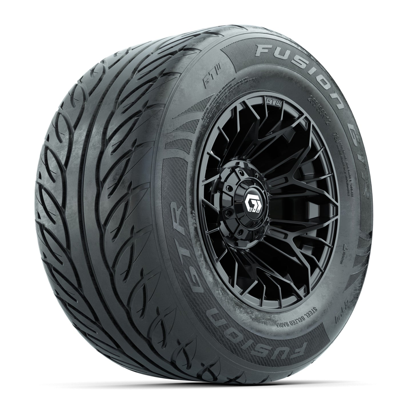 GTW® Stellar Black 12 in Wheels with 255/55-R12 Fusion GTR Steel Belt Radial Street Tires - Full Set