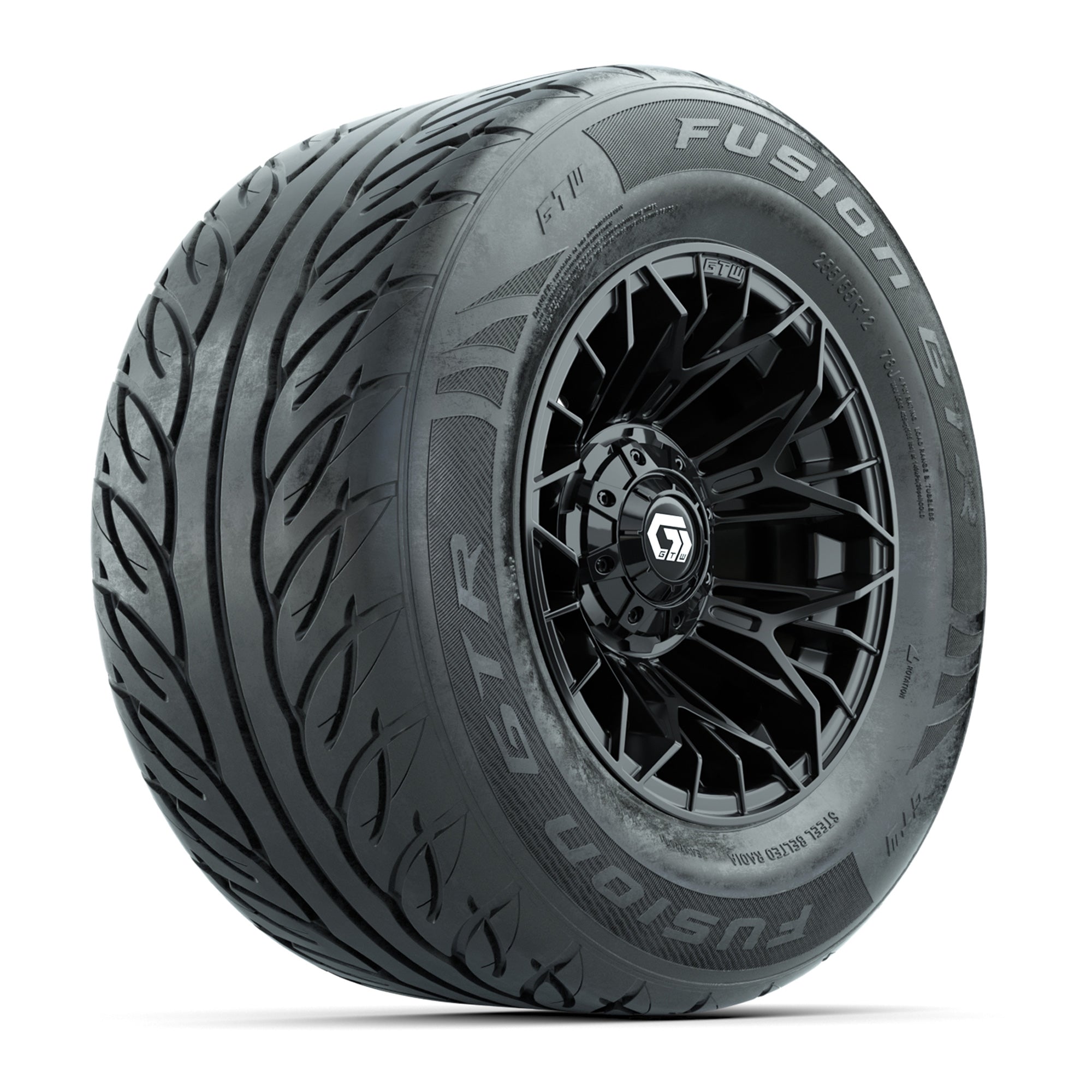 GTW® Stellar Black 12 in Wheels with 255/55-R12 Fusion GTR Steel Belt Radial Street Tires - Full Set