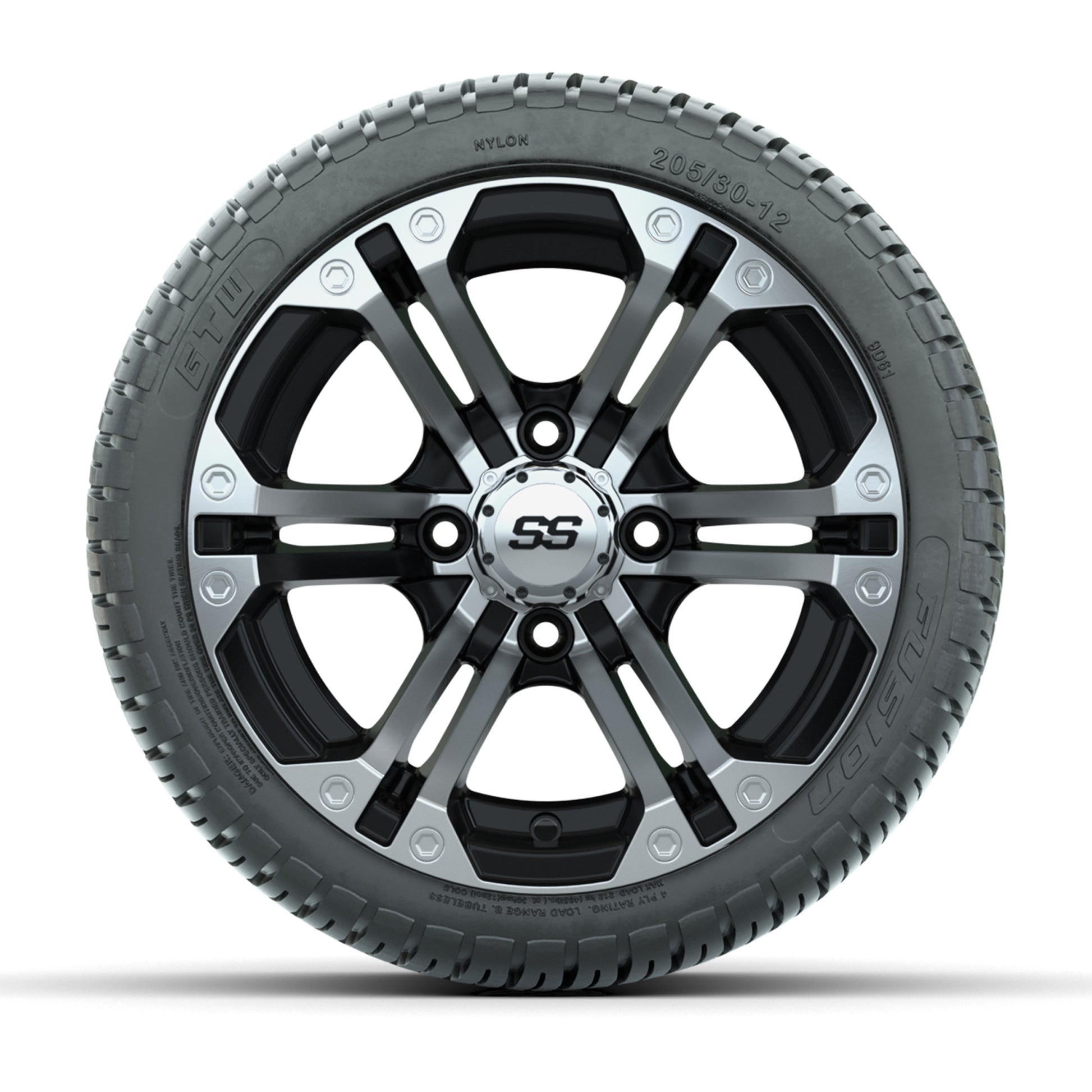 GTW Specter Black/Machined 12 in Wheels with 205/30-12 Fusion Street Tires - Full Set