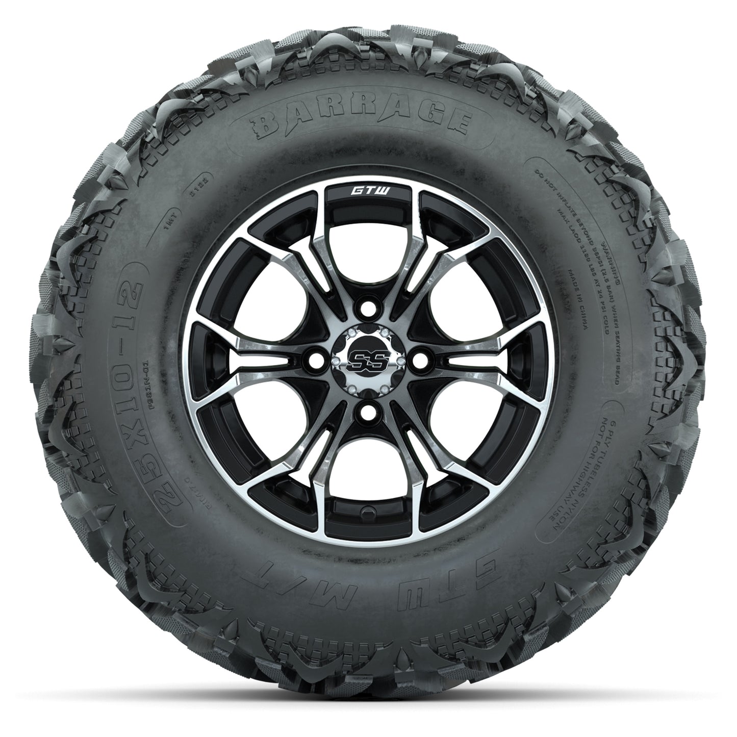 GTW® Spyder Black/Machined 12 in Wheels with 25X10-12 Barrage Mud Tires – Full Set