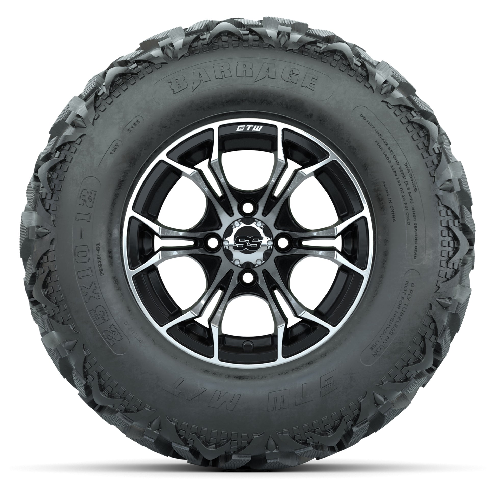 GTW® Spyder Black/Machined 12 in Wheels with 25X10-12 Barrage Mud Tires – Full Set
