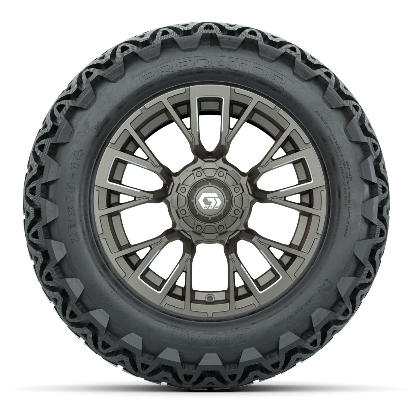 GTW® Vandal Satin Bronze/Machined 14 in Wheels with 23x10-14 Predator All-Terrain Tires – Full Set