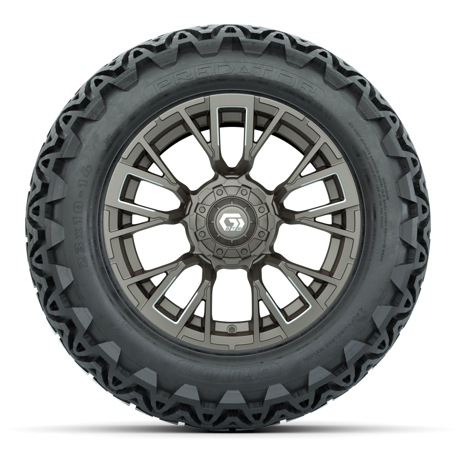 GTW® Vandal Satin Bronze/Machined 14 in Wheels with 23x10-14 Predator All-Terrain Tires – Full Set