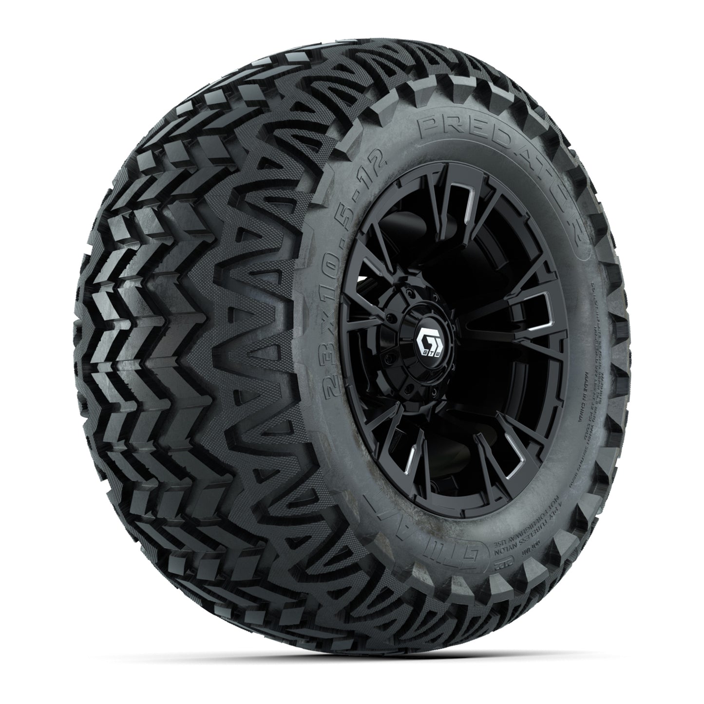 GTW® Vandal Matte Black/Machined 12 in Wheels with 23X10.5-12 Predator All-Terrain Tires – Full Set