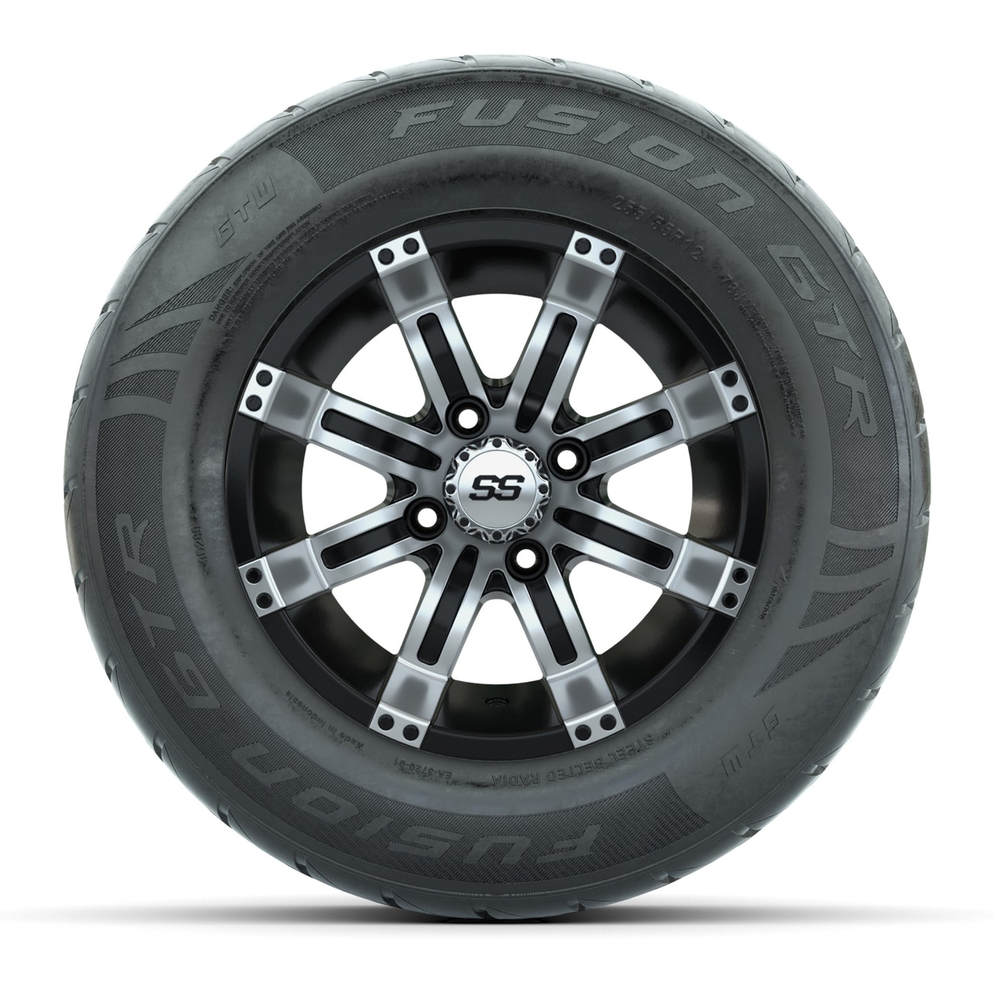 GTW® Tempest Black/Machined 12 in Wheels with 255/55-R12 Fusion GTR Steel Belt Radial Street Tires - Full Set