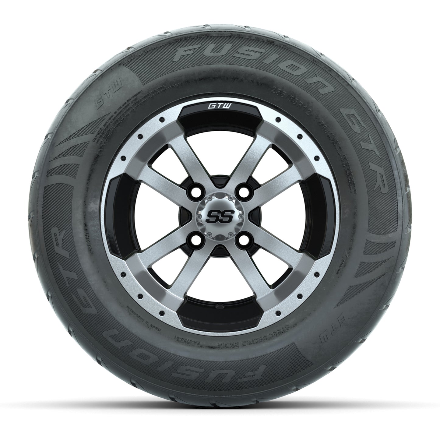 GTW® Storm Trooper Black/Machined 12 in Wheels with 255/55-R12 Fusion GTR Steel Belt Radial Street Tires - Full Set