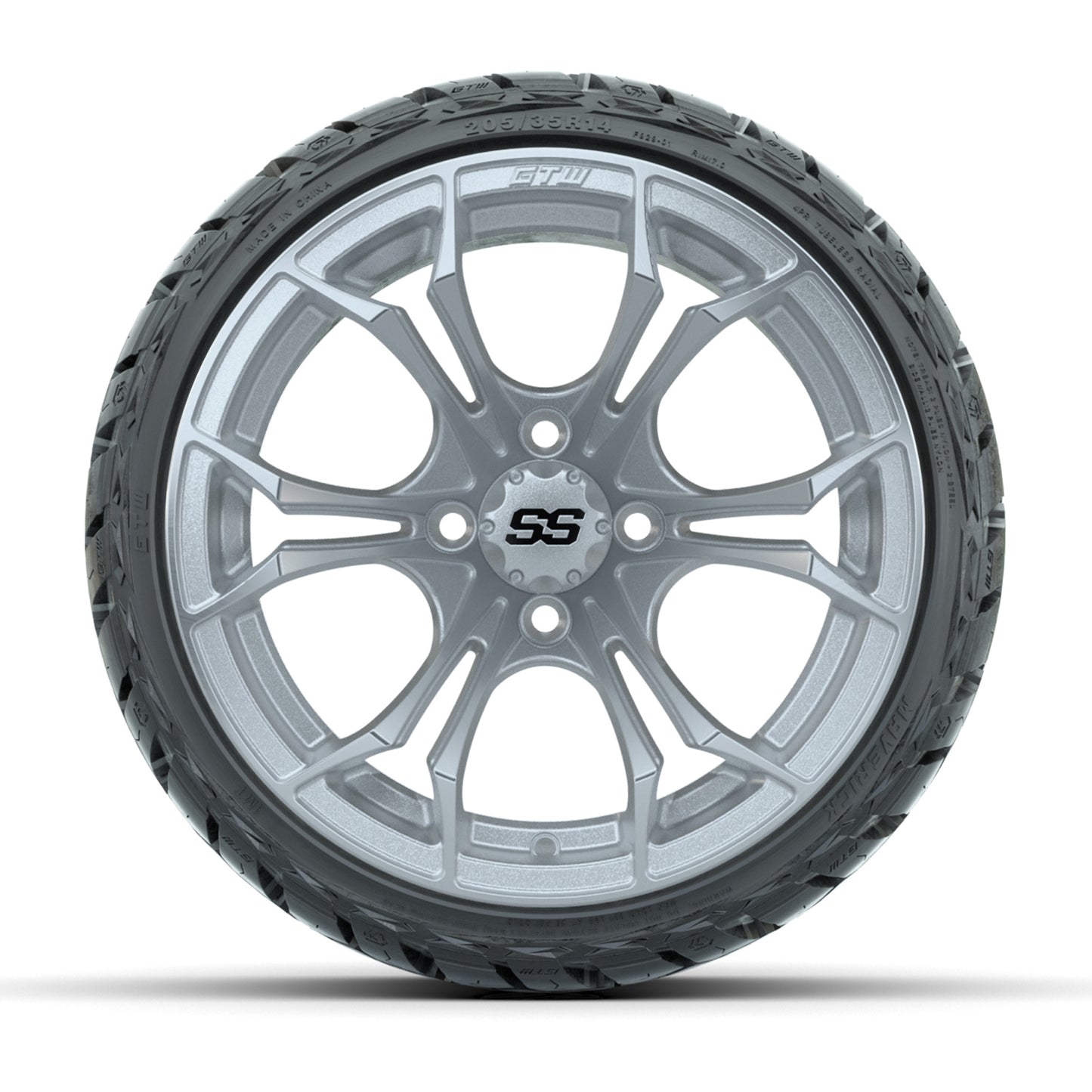 GTW® Spyder Silver Brush 14 in Wheels with 205/35-R14 Maverick Low-Profile All-Terrain Tires - Full Set