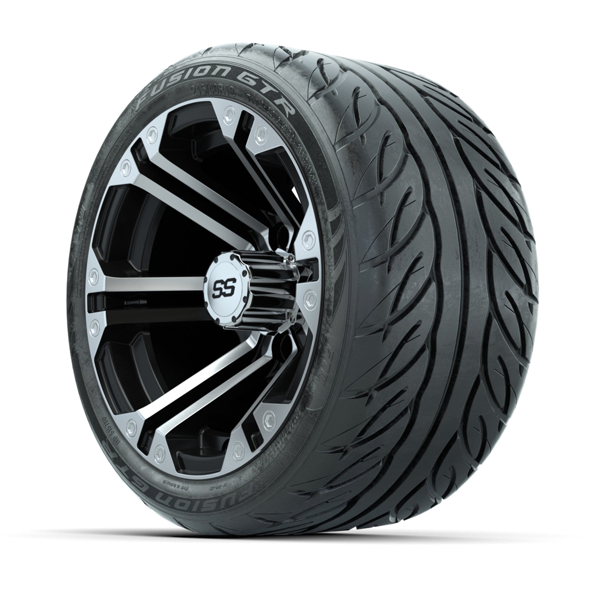 GTW® Specter Black/Machined 12 in Wheels with 215/40-R12 Fusion GTR Steel Belt Radial Street Tires – Full Set