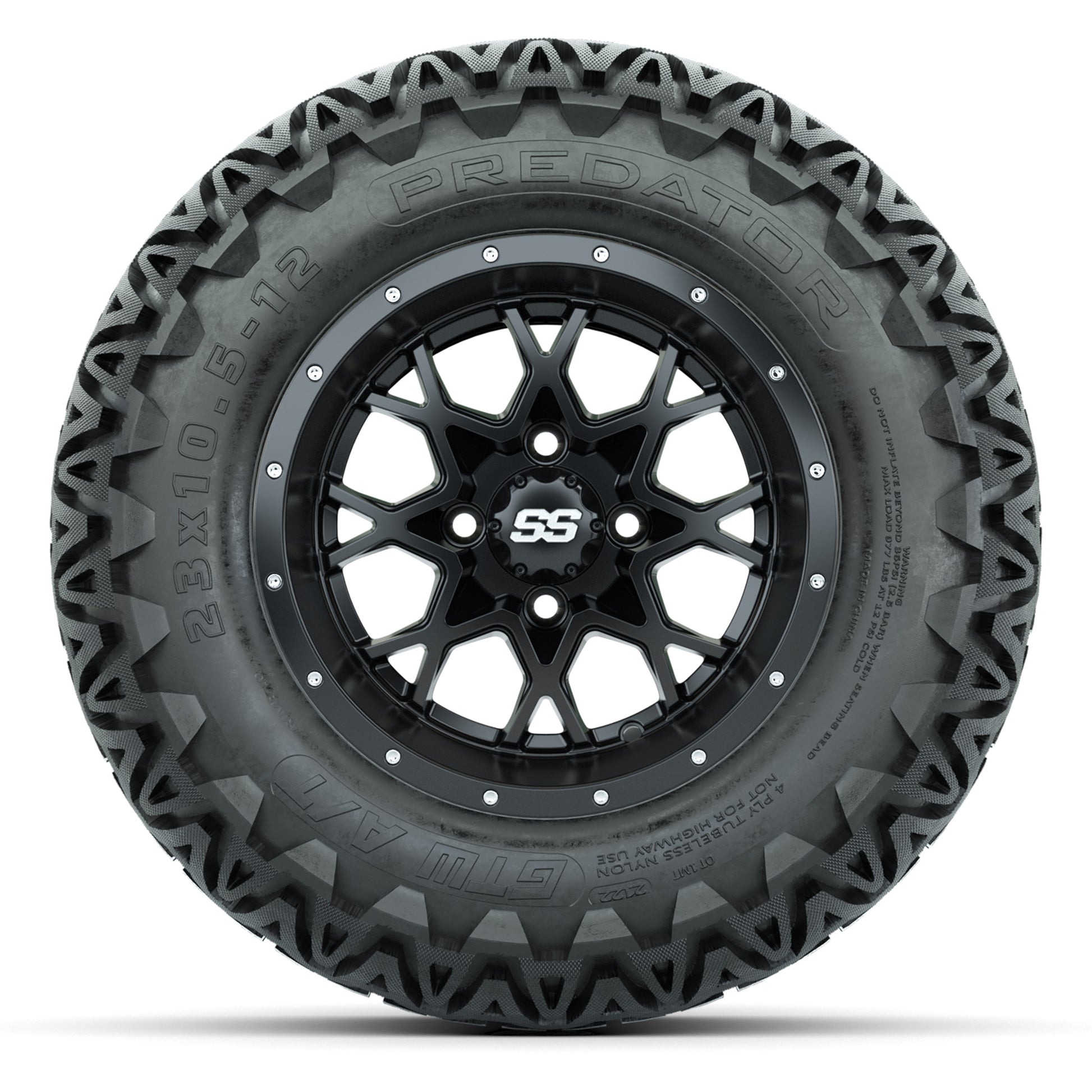GTW® Vortex 2 Matte Black/Machined 12 in Wheels with 23X10.5-12 Predator All-Terrain Tires – Full Set