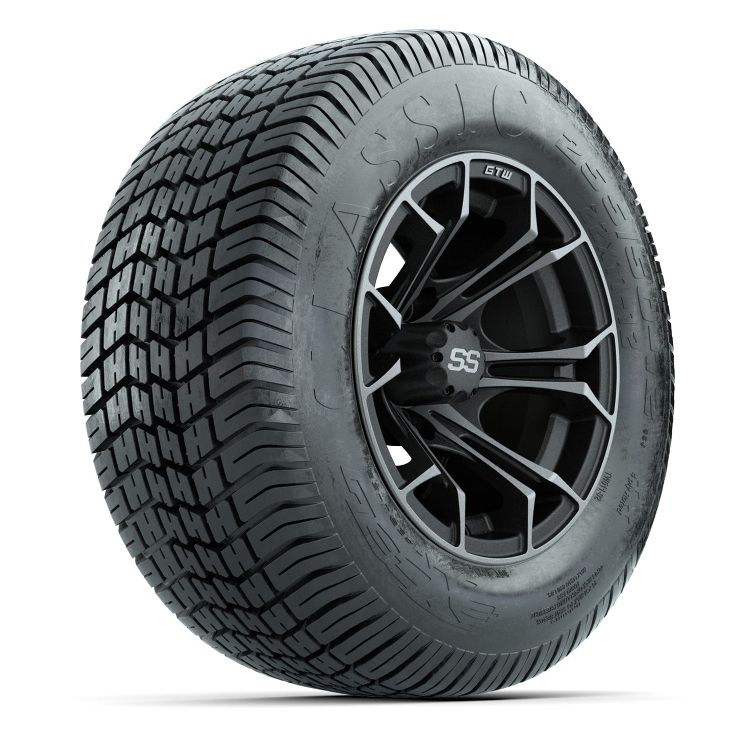 GTW® Spyder Matte Gray/Machined 12 in Wheels with 255/50-12 Excel Classic Street Tires – Full Set