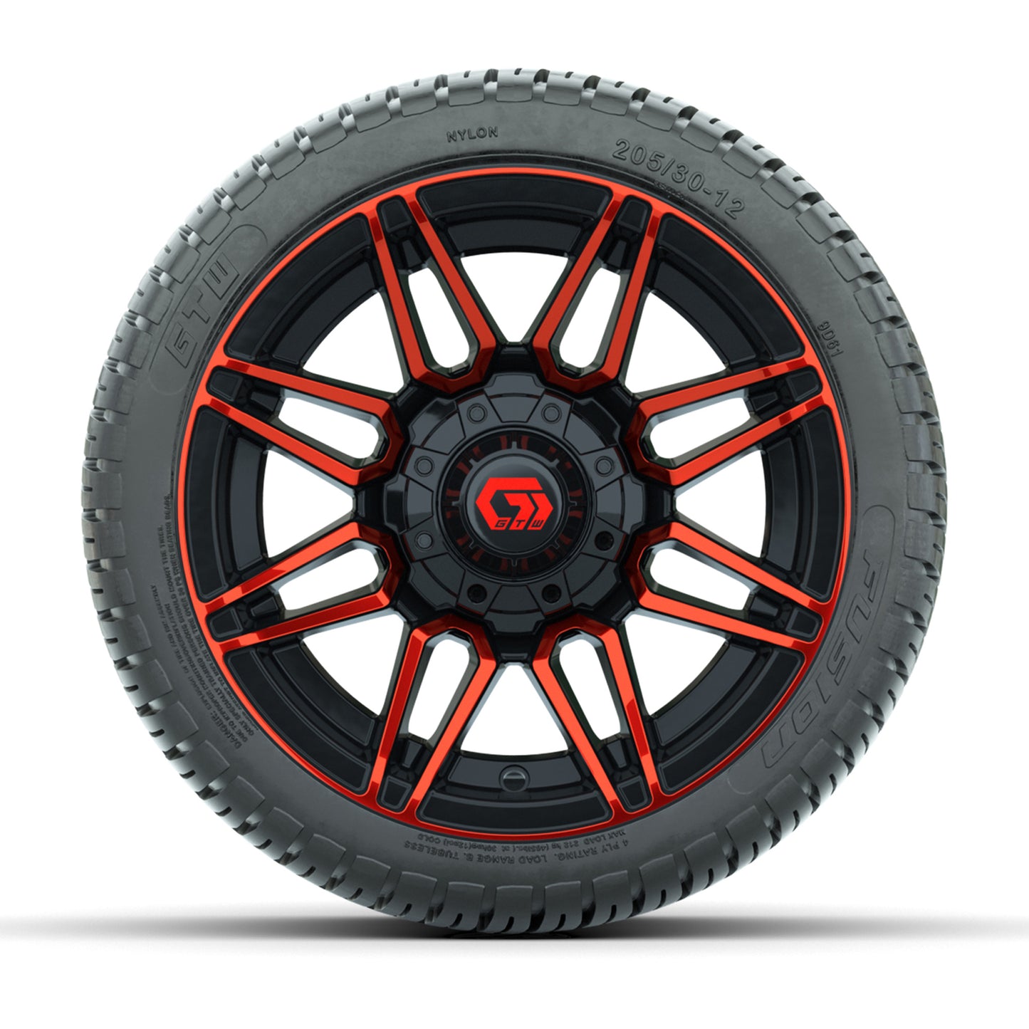 GTW® Stealth Red/Machined 12 in Wheels with 205/30-12 Fusion Street Tires – Full Set