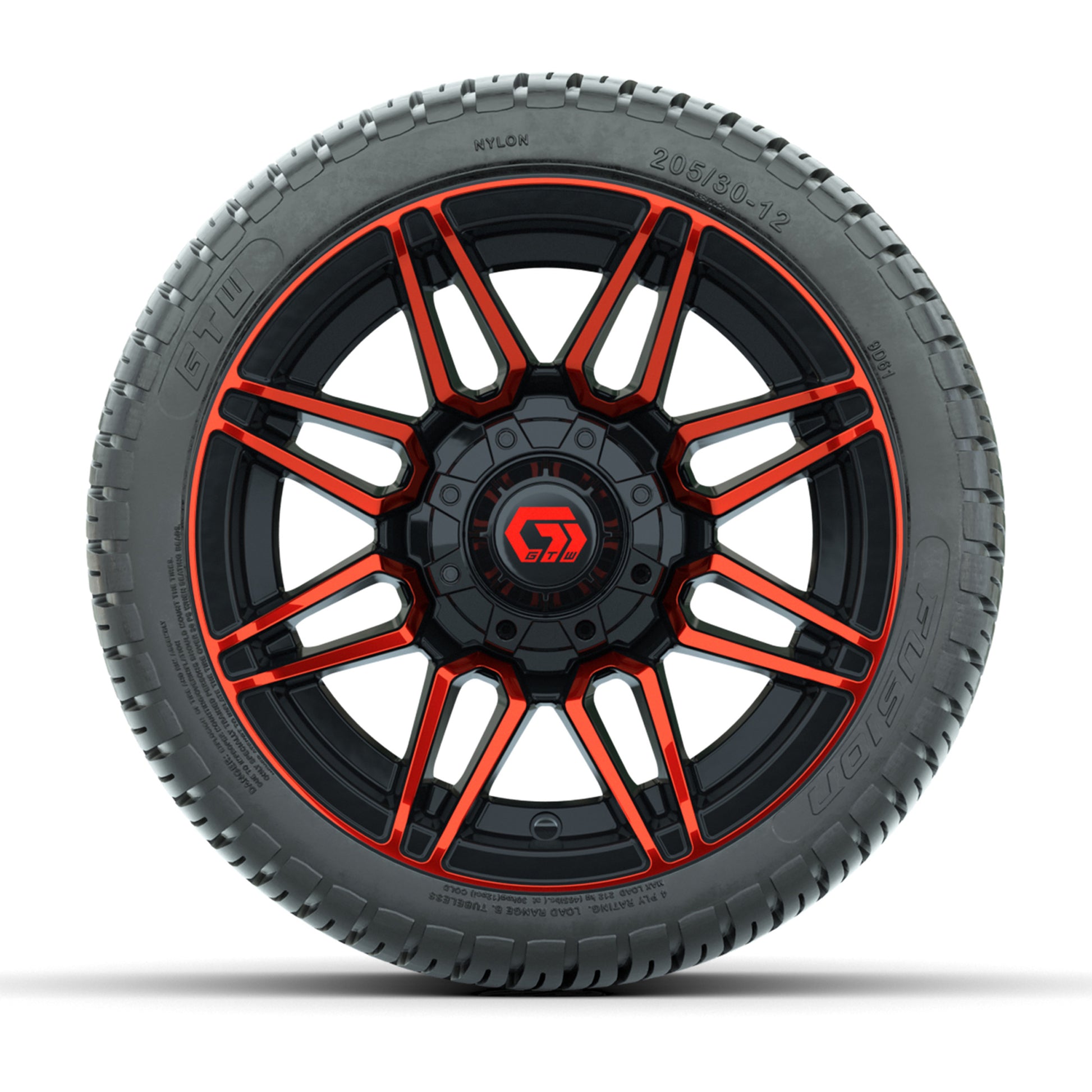 GTW® Stealth Red/Machined 12 in Wheels with 205/30-12 Fusion Street Tires – Full Set