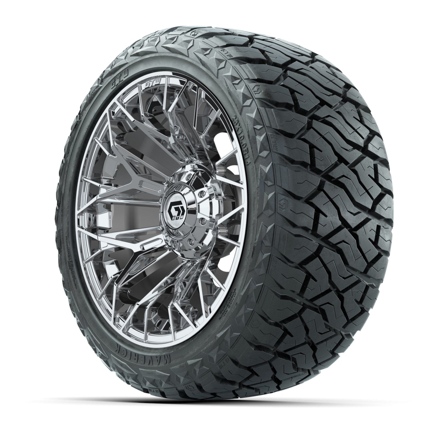 GTW Stellar Chrome 14 in Wheels with 23x10.00-R14 Maverick All-Terrain Tires – Full Set