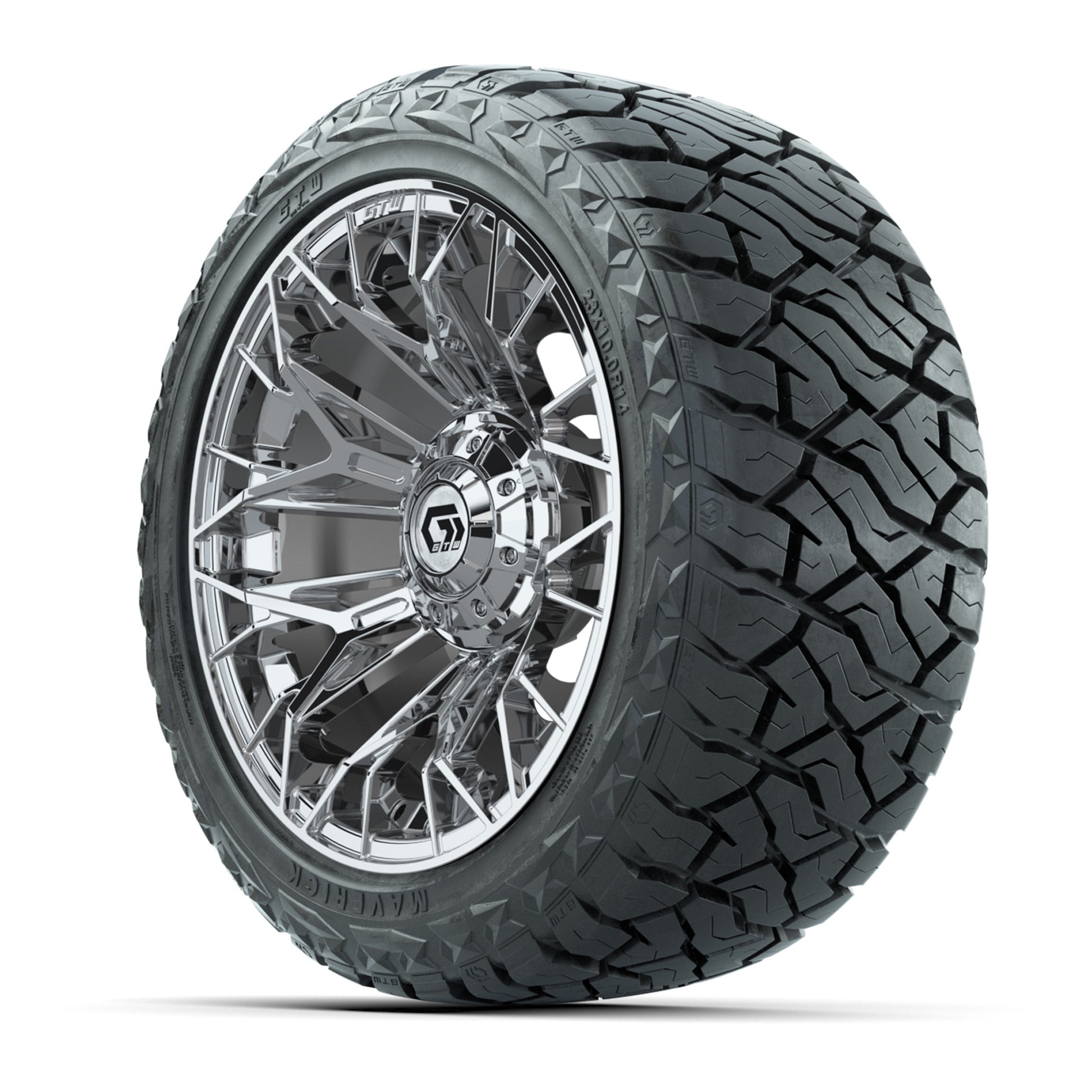 GTW Stellar Chrome 14 in Wheels with 23x10.00-R14 Maverick All-Terrain Tires – Full Set