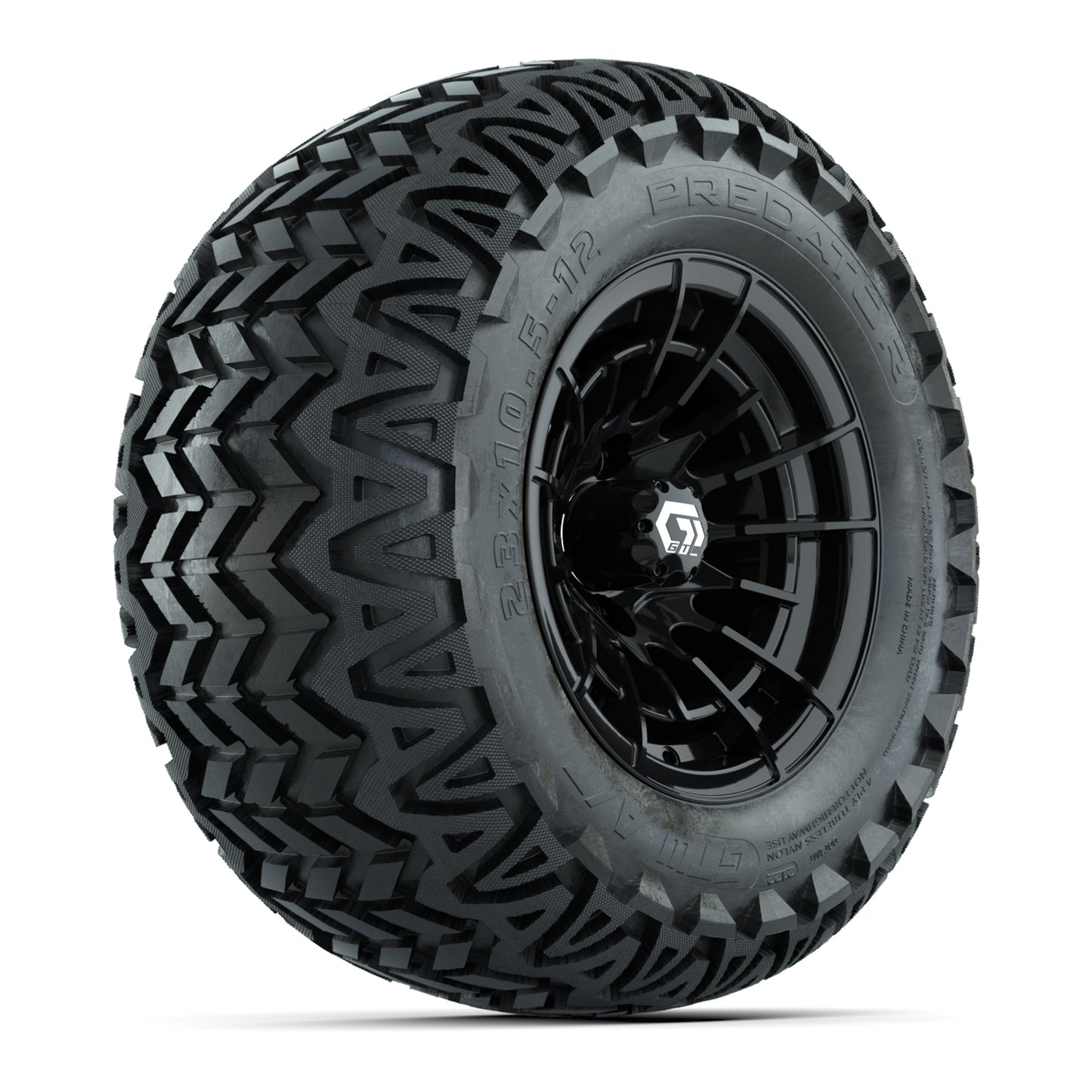 GTW® Boost Gloss Black 12 in Wheels with 23X10.5-12 Predator All-Terrain Tires – Full Set