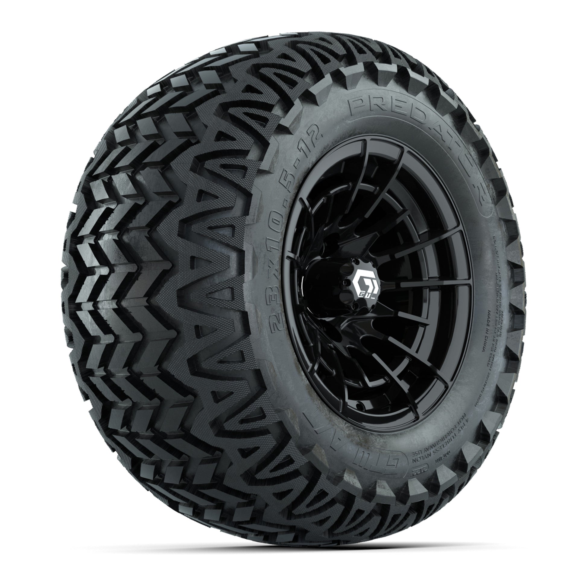 GTW® Boost Gloss Black 12 in Wheels with 23X10.5-12 Predator All-Terrain Tires – Full Set