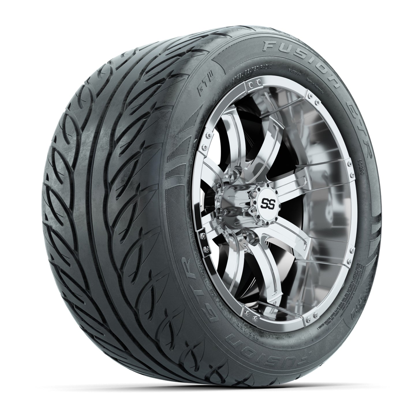 GTW® Tempest Chrome 14 in Wheels with 255/45-R14 Fusion GTR Steel Belt Radial Street Tires – Full Set