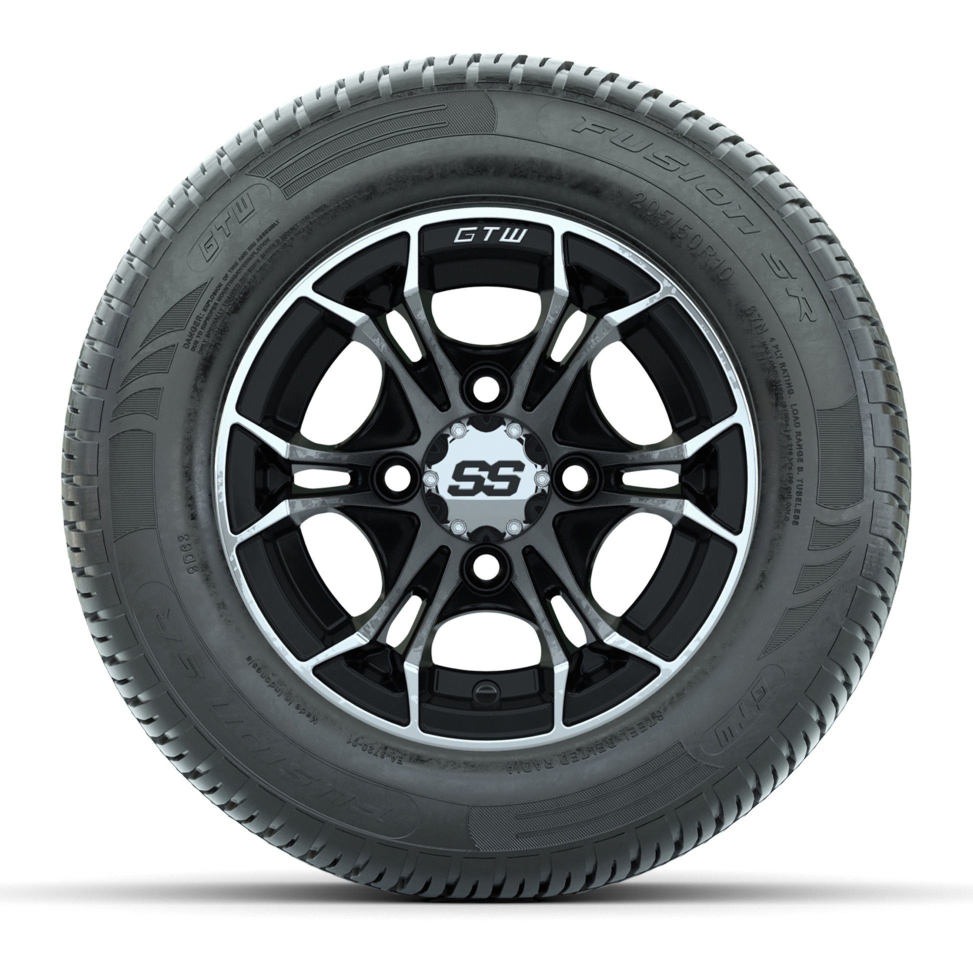 GTW Spyder Machined/Black 10 in Wheels with 205/50-10 Fusion SR Steel Belted Radial Tires – Full Set