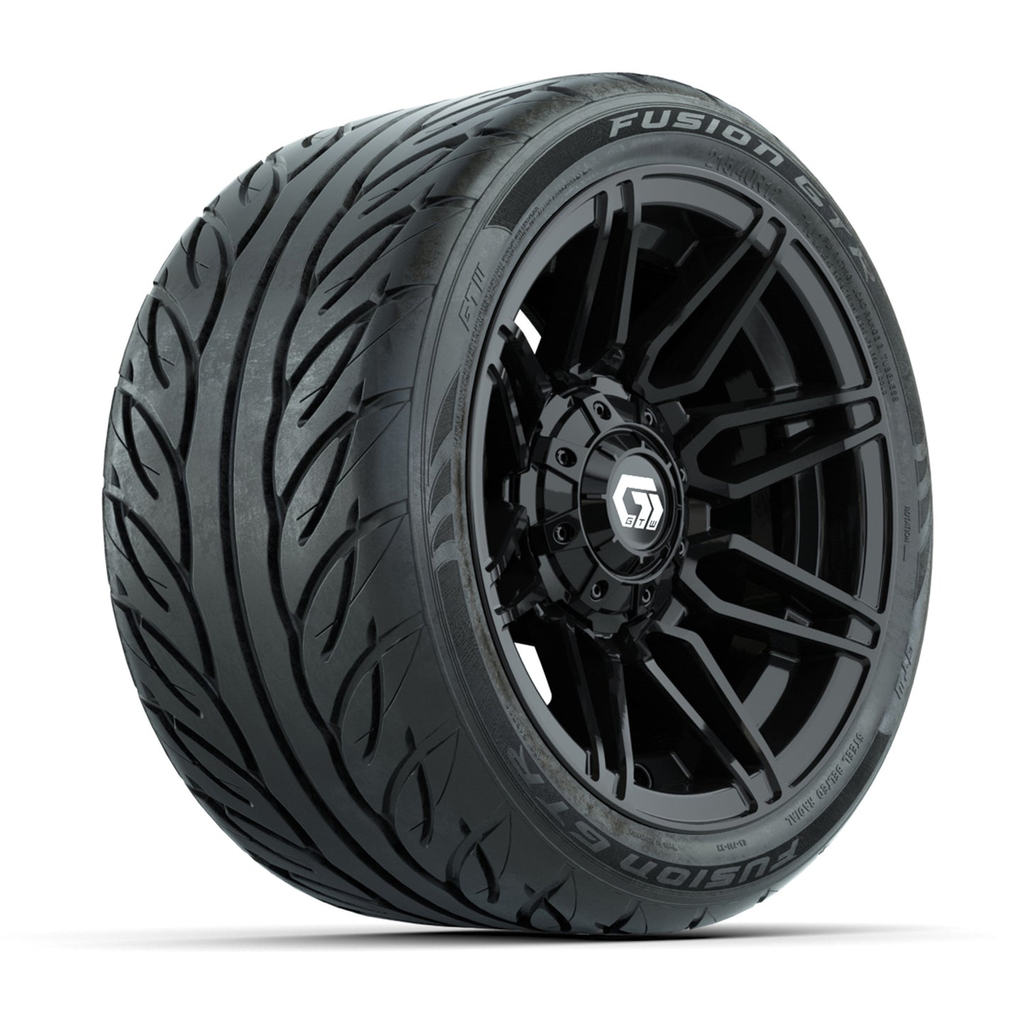 GTW® Stealth Gloss Black 12 in Wheels with 215/40-R12 Fusion GTR Steel Belt Radial Street Tires – Full Set