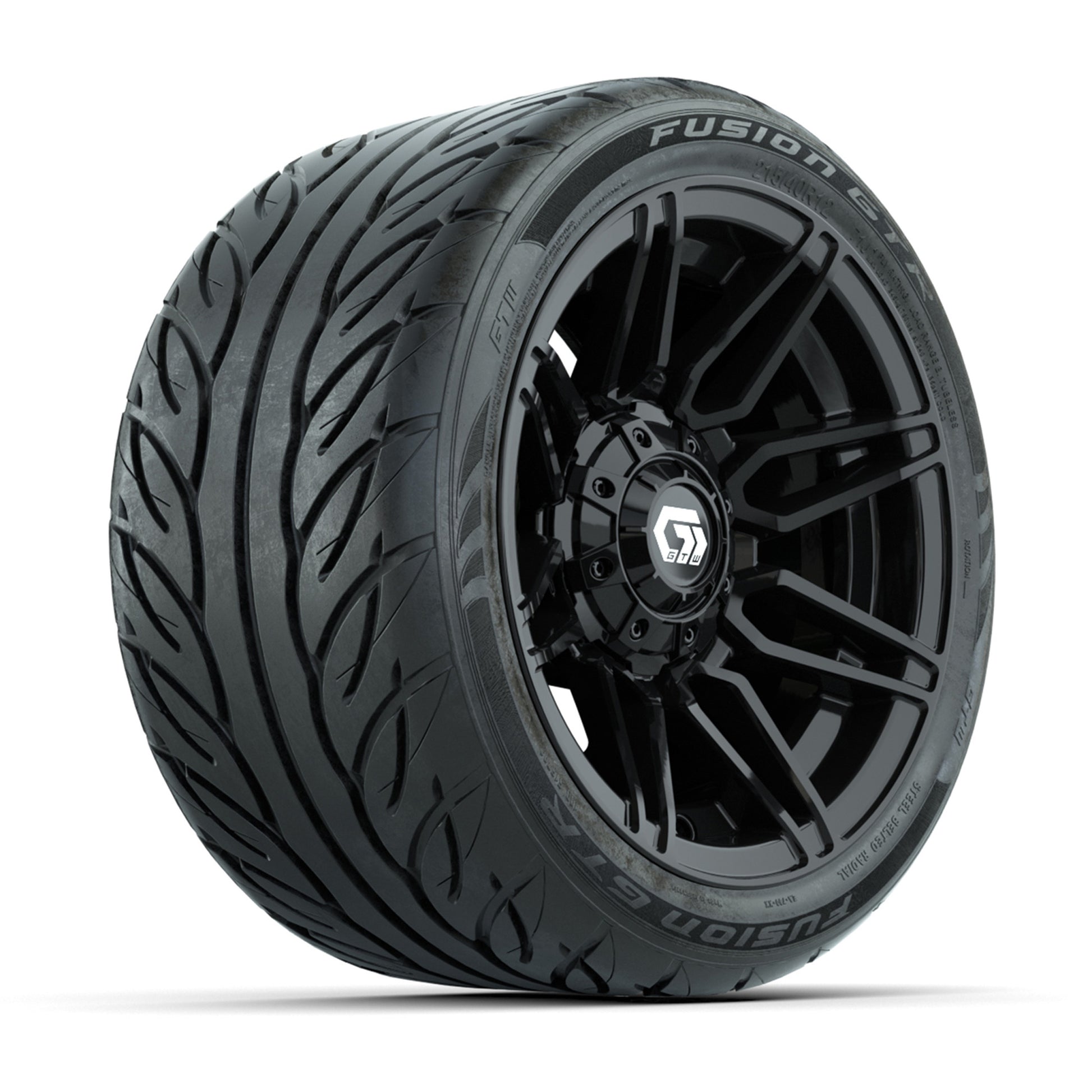 GTW® Stealth Gloss Black 12 in Wheels with 215/40-R12 Fusion GTR Steel Belt Radial Street Tires – Full Set