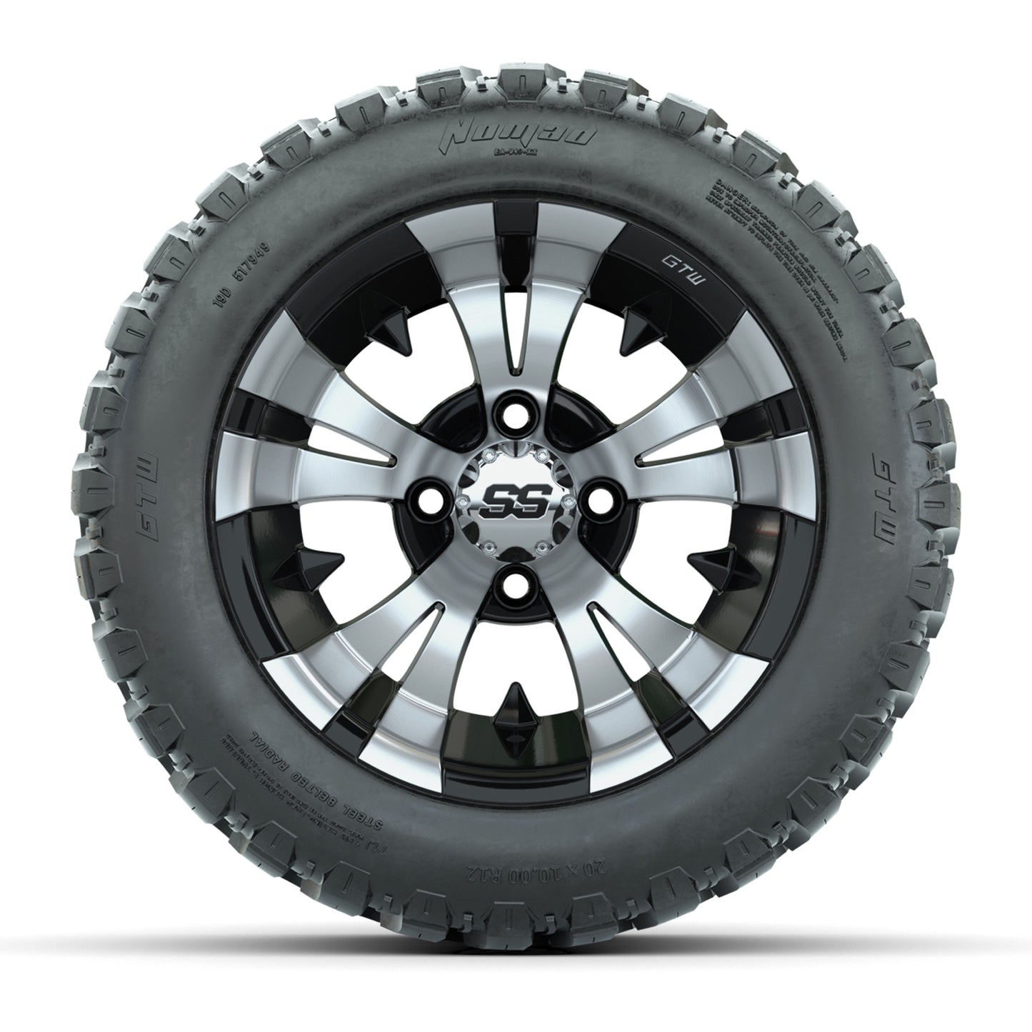 GTW® Vampire Black/Machined 12 in Wheels with 20X10-12 Nomad Steel Belt Radial All-Terrain Tires – Full Set