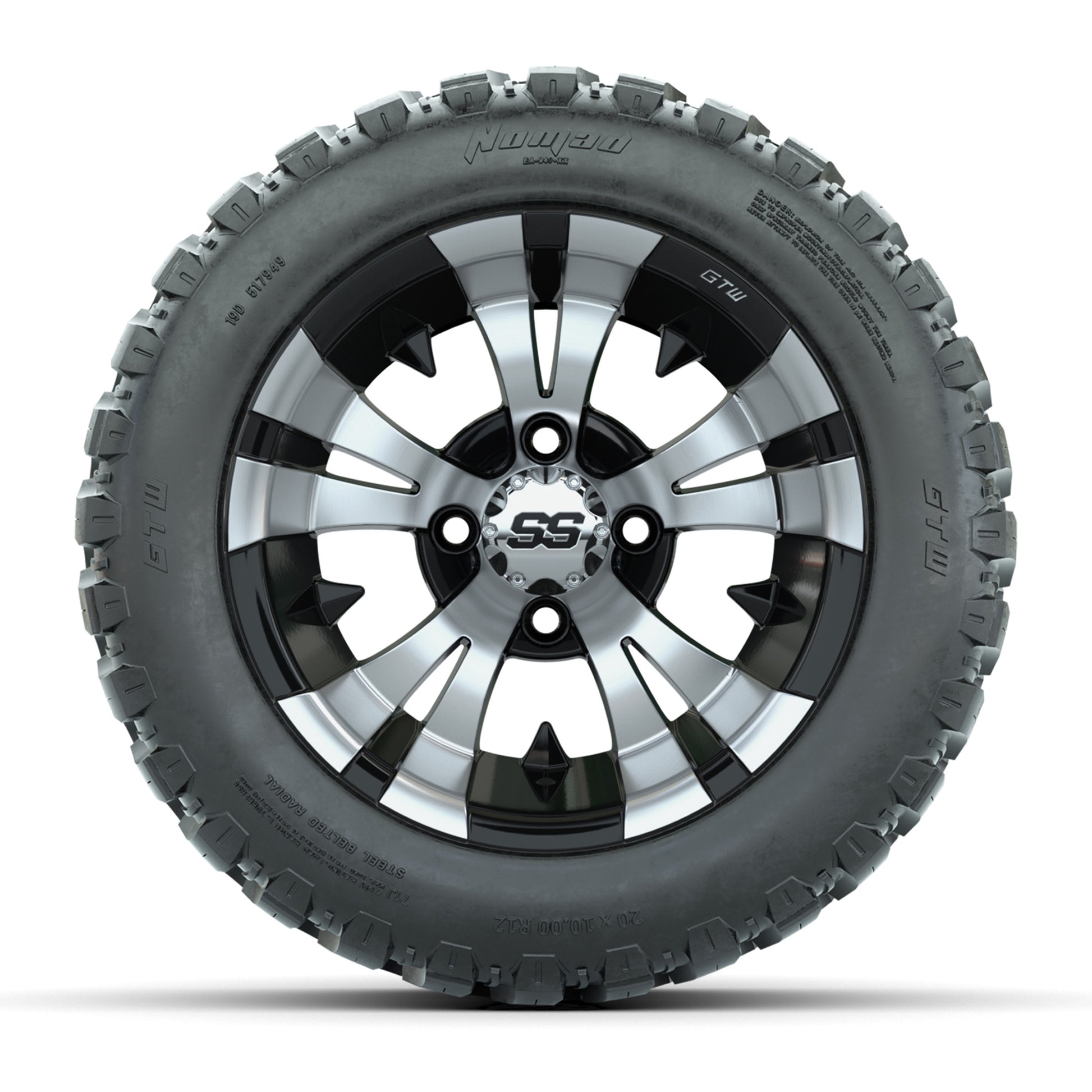 GTW® Vampire Black/Machined 12 in Wheels with 20X10-12 Nomad Steel Belt Radial All-Terrain Tires – Full Set