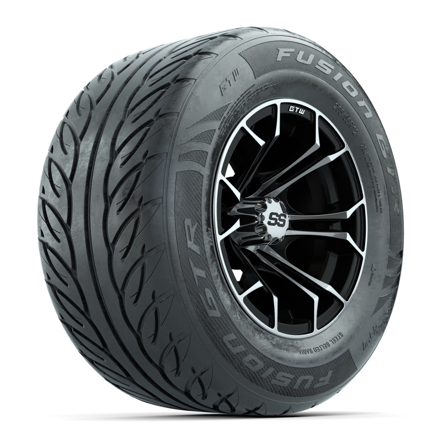 GTW® Spyder Black/Machined 12 in Wheels with 255/55-R12 Fusion GTR Steel Belt Radial Street Tires – Full Set
