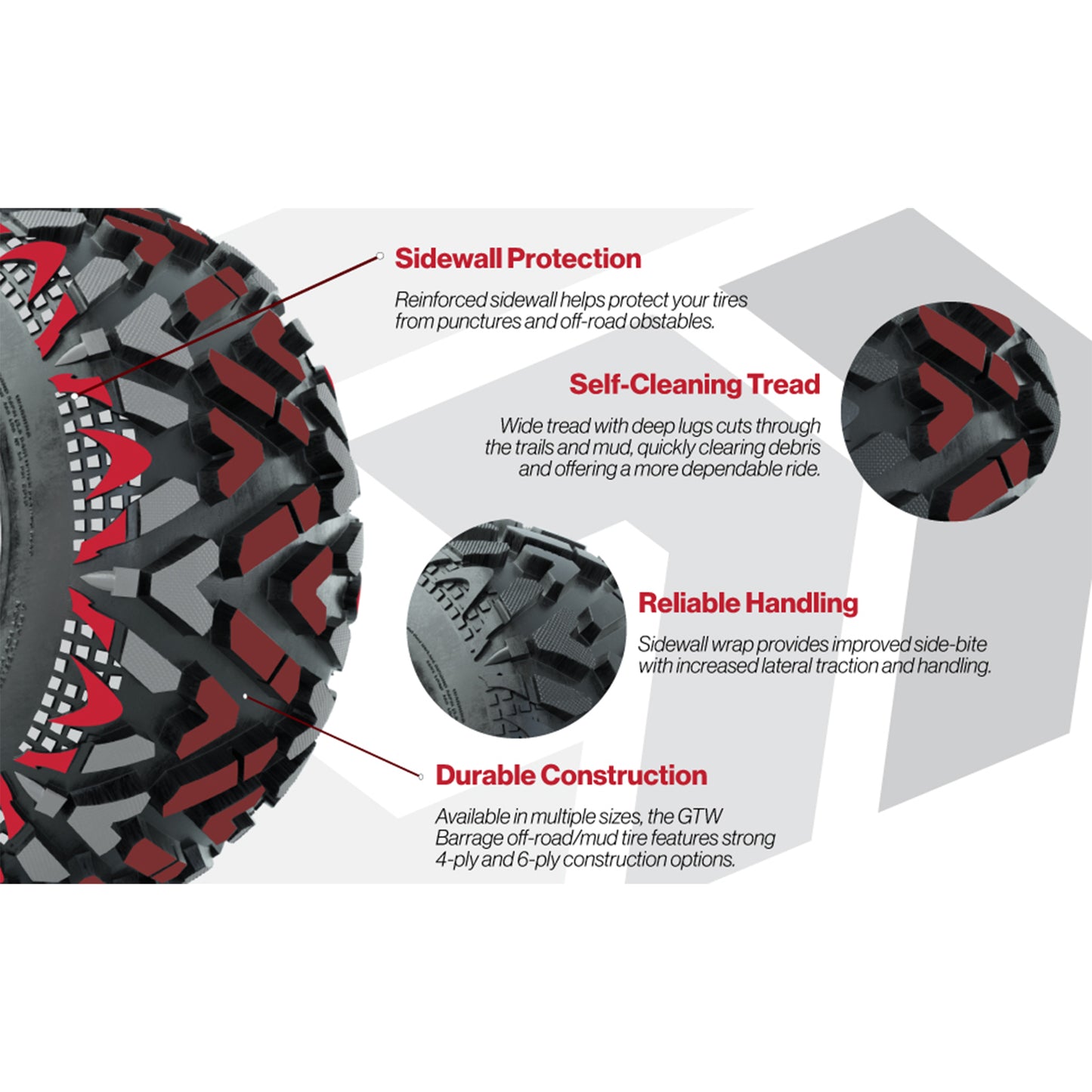 GTW® Spyder Matte Gray/Machined 12 in Wheels with 25X10-12 Barrage Mud Tires – Full Set