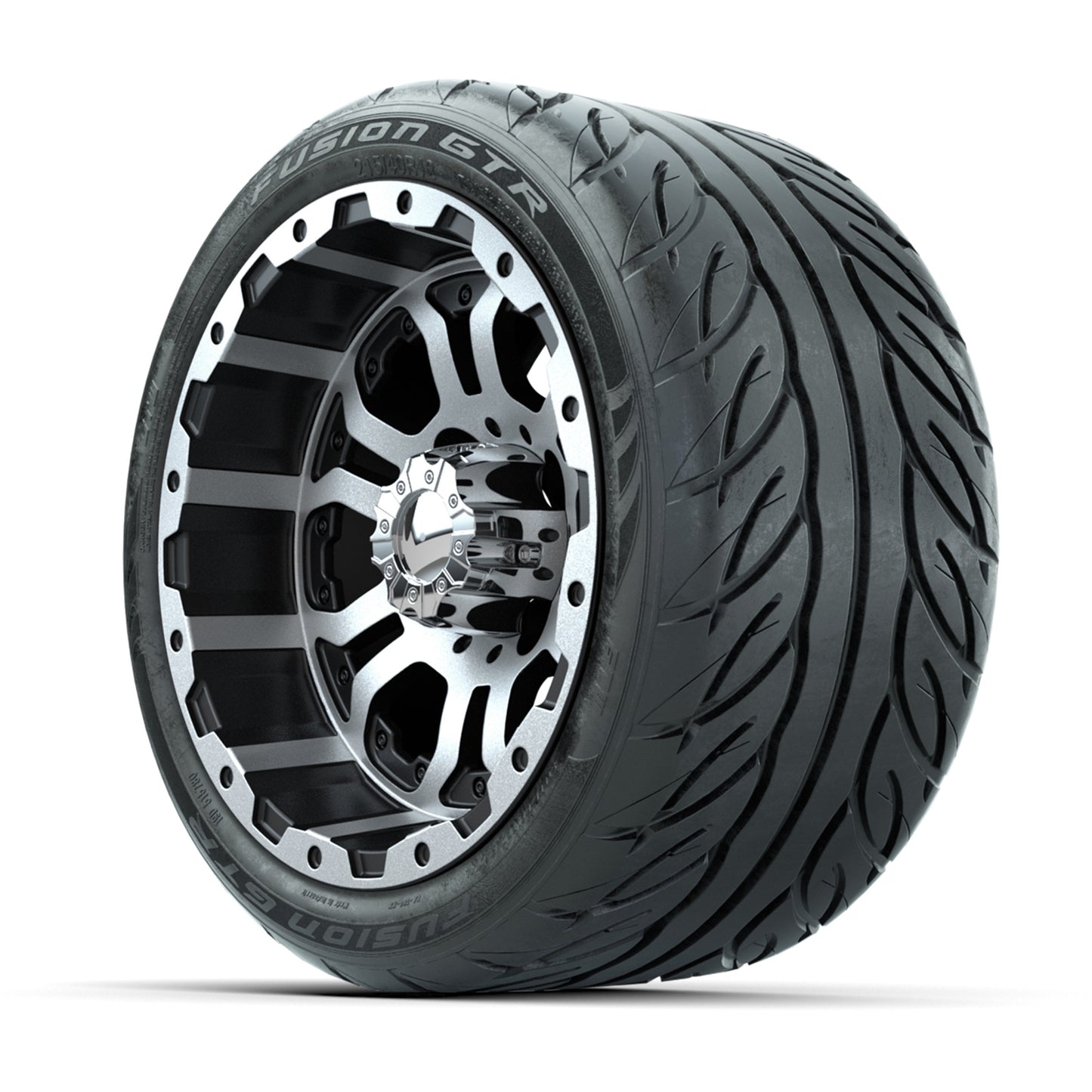GTW® Omega Black/Machined 12 in Wheels with 215/40-R12 Fusion GTR Steel Belt Radial Street Tires - Full Set