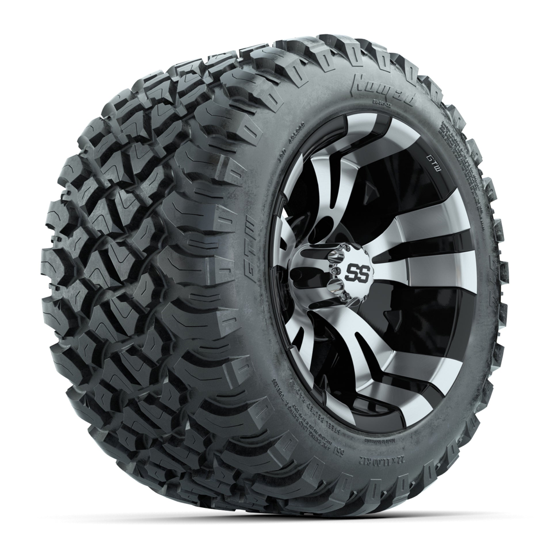GTW® Vampire Black/Machined 12 in Wheels with 22X11-R12 Nomad Steel Belt Radial All-Terrain Tires – Full Set