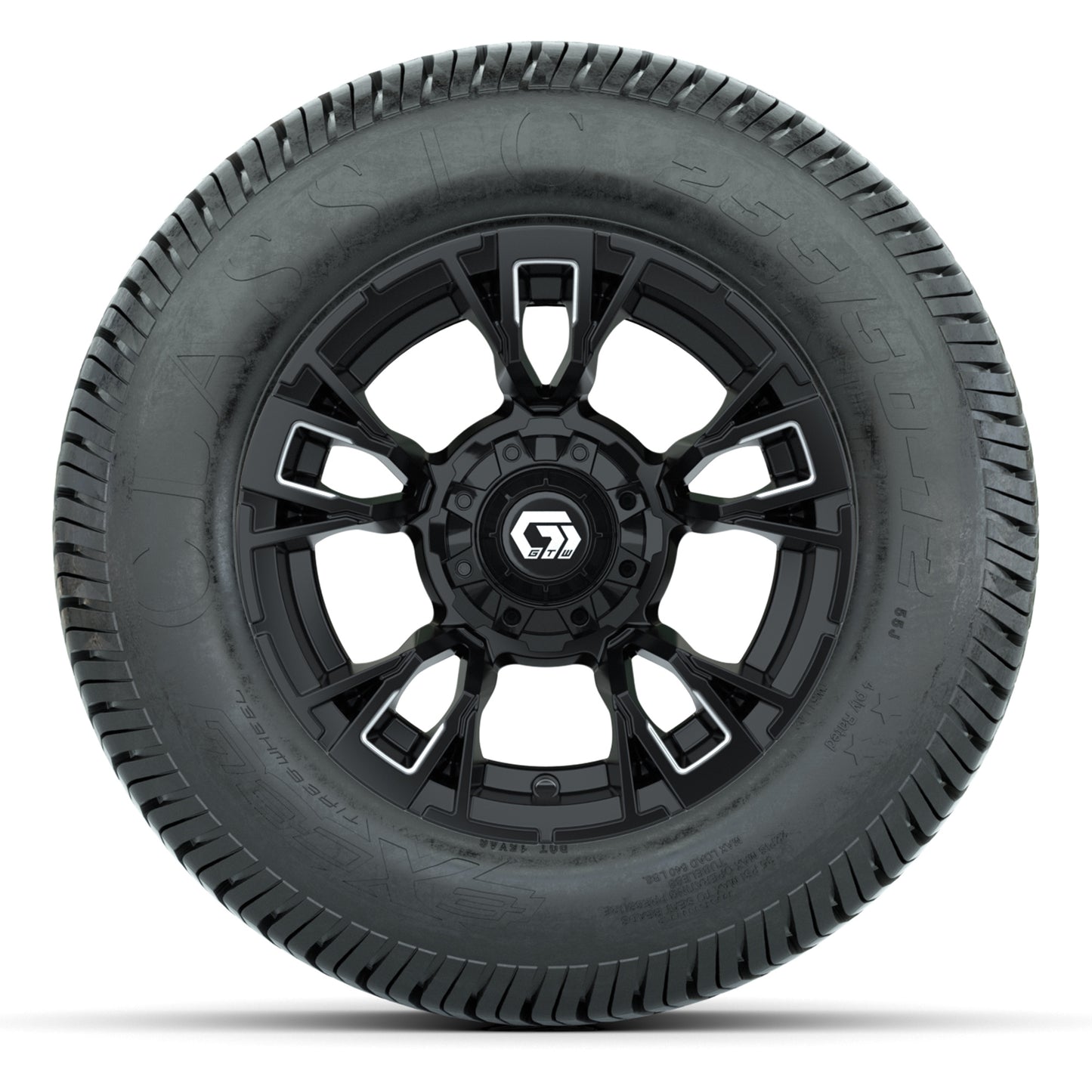 GTW® Vandal Matte Black/Machined 12 in Wheels with 255/50-12 Excel Classic Street Tires – Full Set