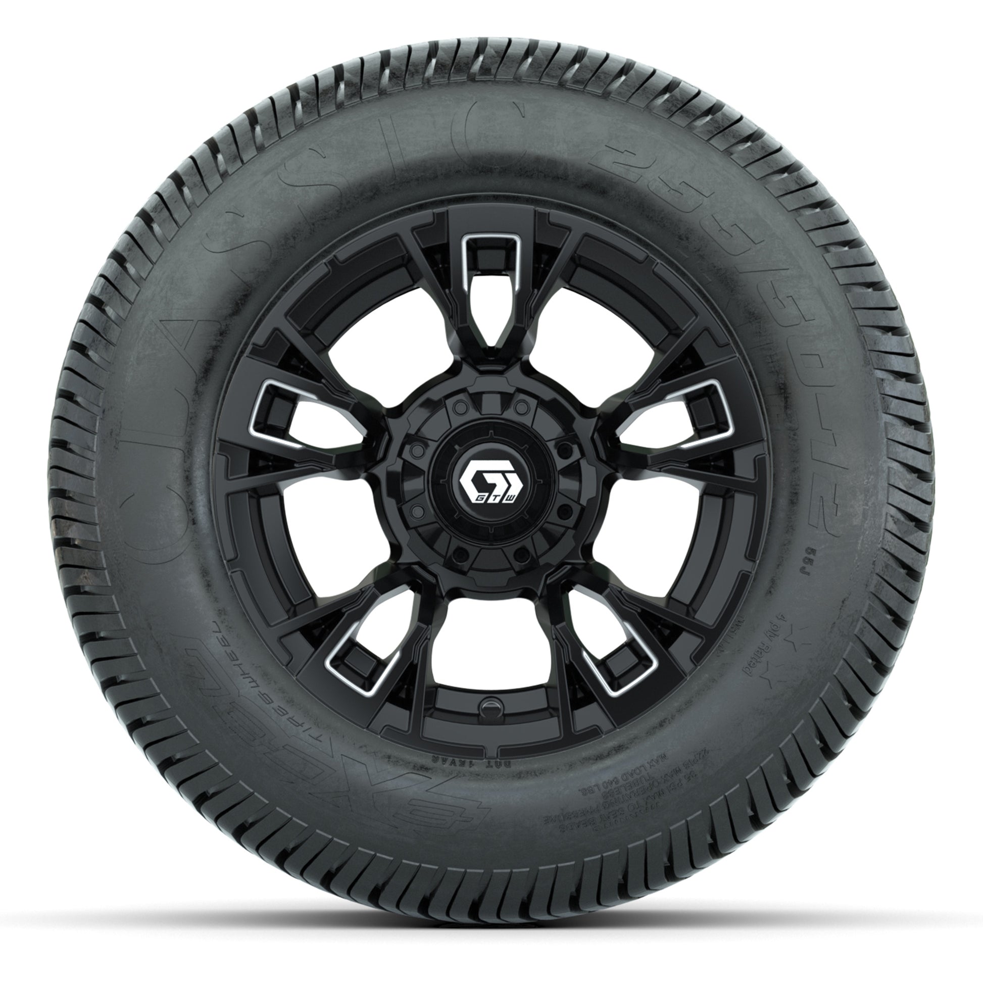 GTW® Vandal Matte Black/Machined 12 in Wheels with 255/50-12 Excel Classic Street Tires – Full Set