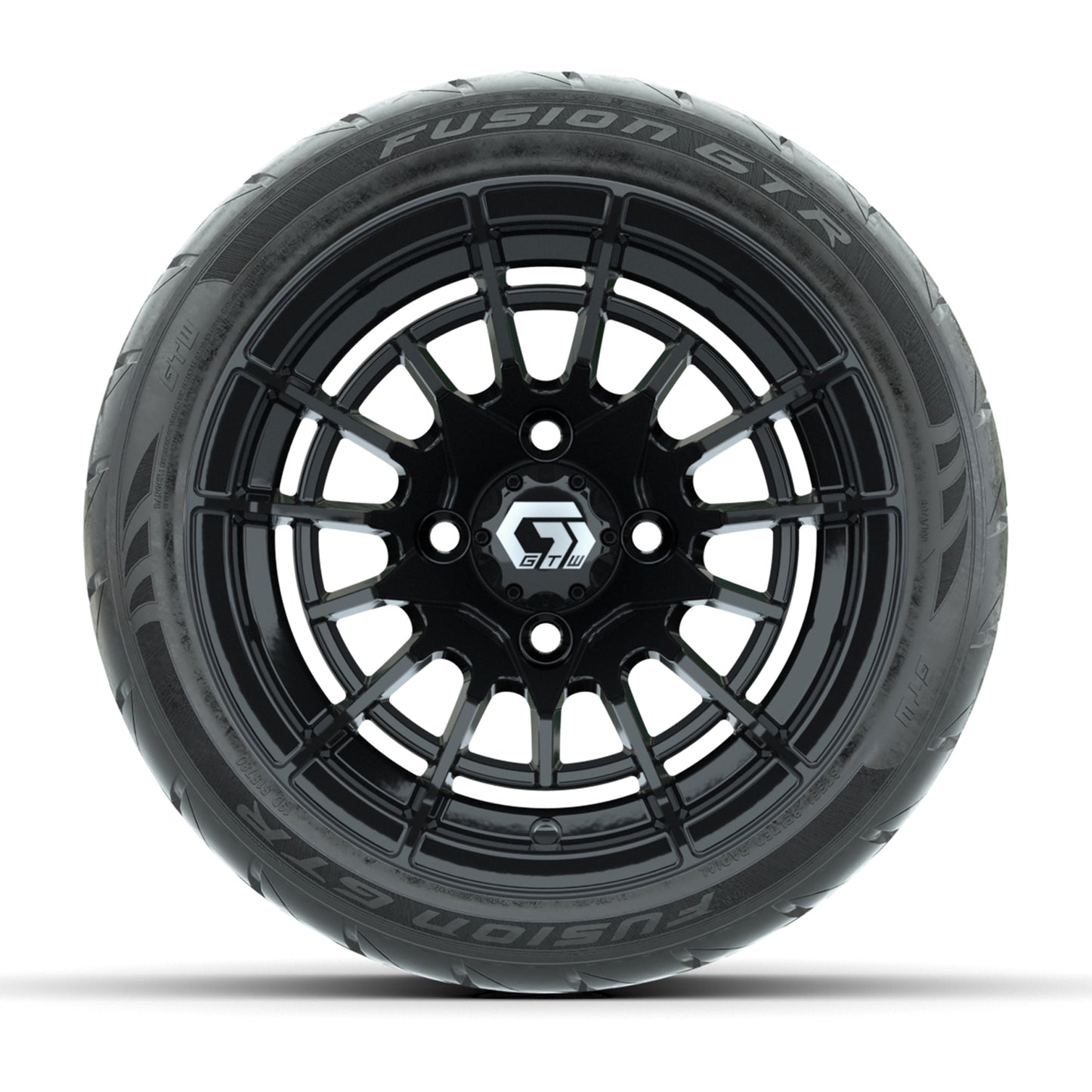 GTW® Boost Gloss Black 12 in Wheels with 215/40-R12 Fusion GTR Steel Belt Radial Street Tires – Full Set