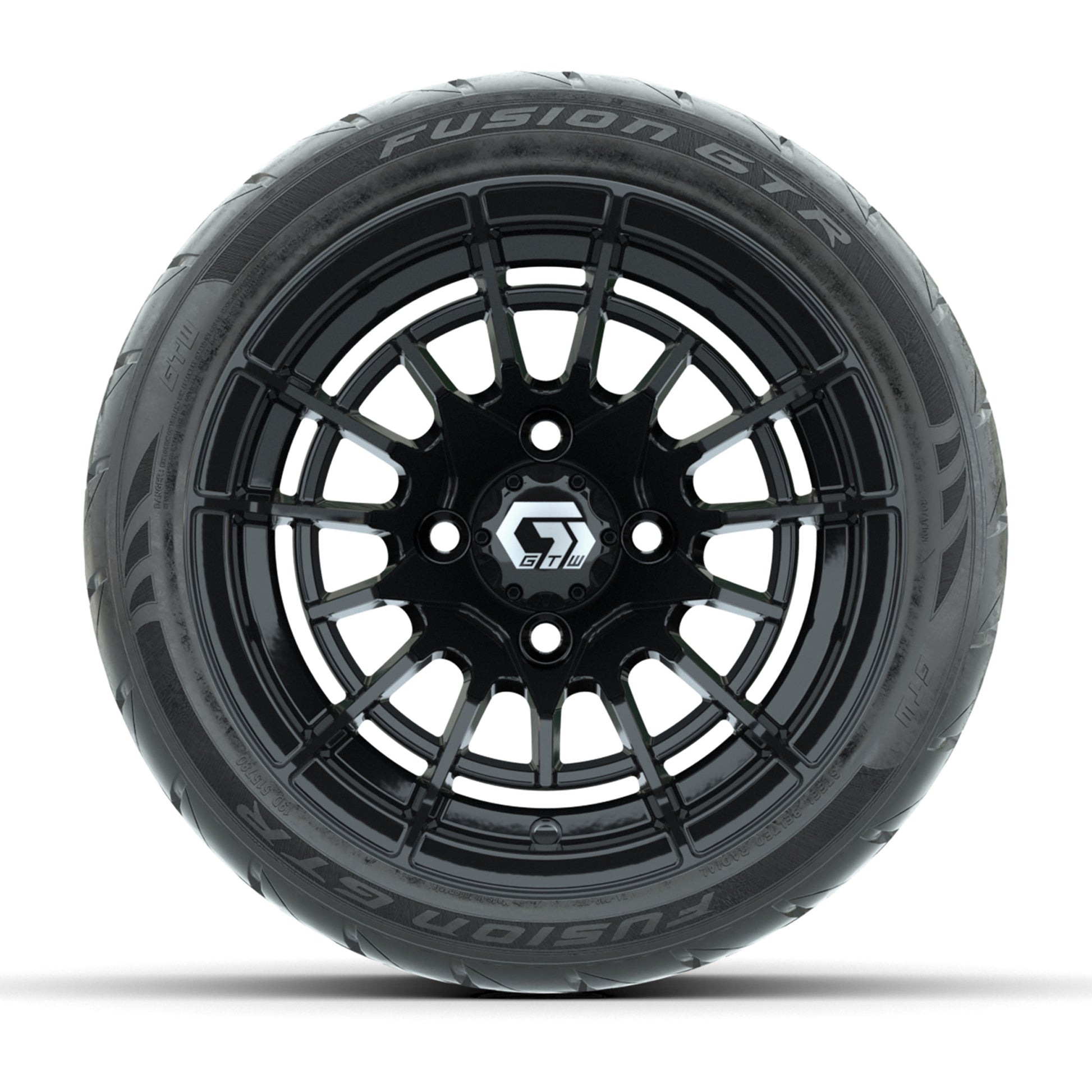GTW® Boost Gloss Black 12 in Wheels with 215/40-R12 Fusion GTR Steel Belt Radial Street Tires – Full Set