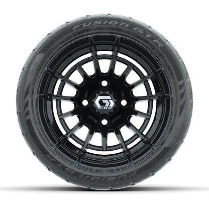 GTW® Boost Gloss Black 12 in Wheels with 215/40-R12 Fusion GTR Steel Belt Radial Street Tires – Full Set