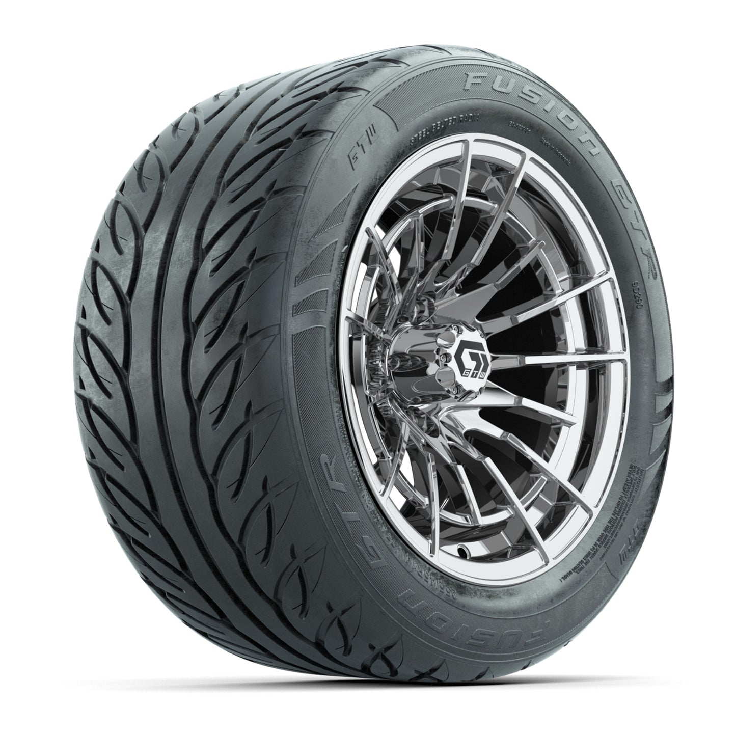 GTW® Boost Chrome 14 in Wheels with 255/45-R14 Fusion GTR Steel Belt Radial Street Tires – Full Set
