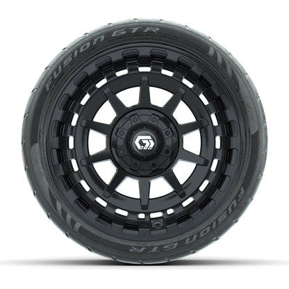 GTW® Barricade Gloss Black 14 in Wheels with 205/40-R14 Fusion GTR Steel Belted Street Tires – Full Set