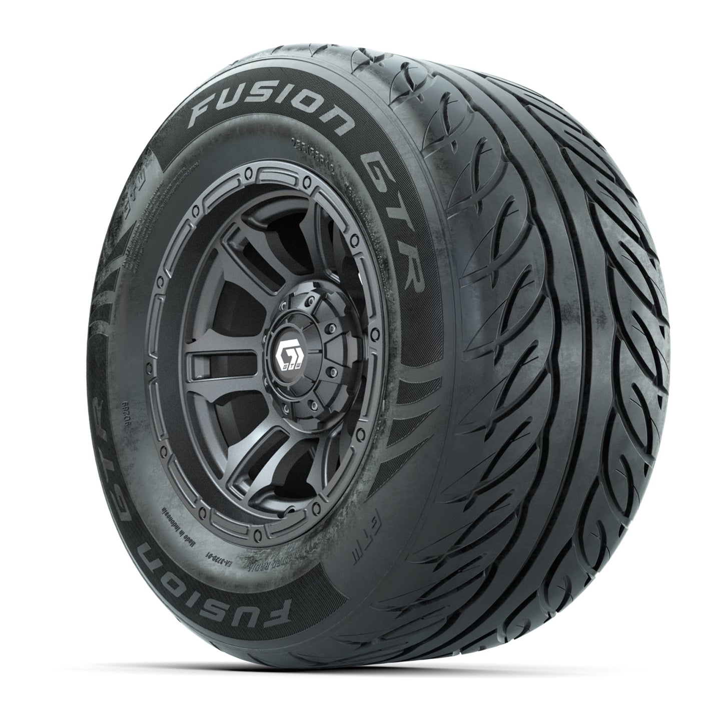 GTW® Shogun Gunmetal 12 in Wheels with 255/55-R12 Fusion GTR Steel Belt Radial Street Tires – Full Set