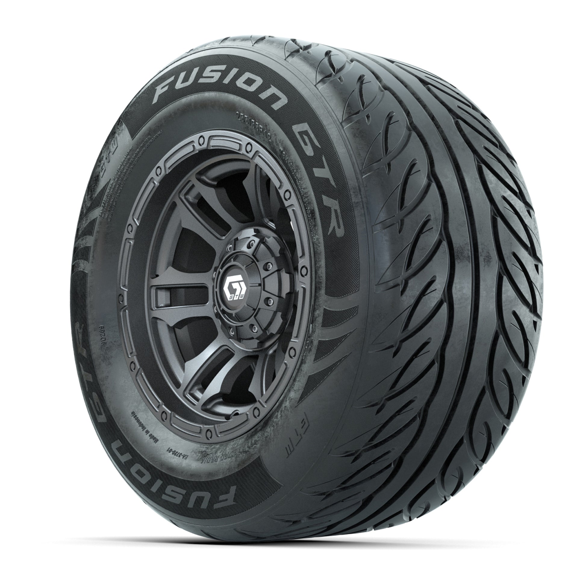 GTW® Shogun Gunmetal 12 in Wheels with 255/55-R12 Fusion GTR Steel Belt Radial Street Tires – Full Set
